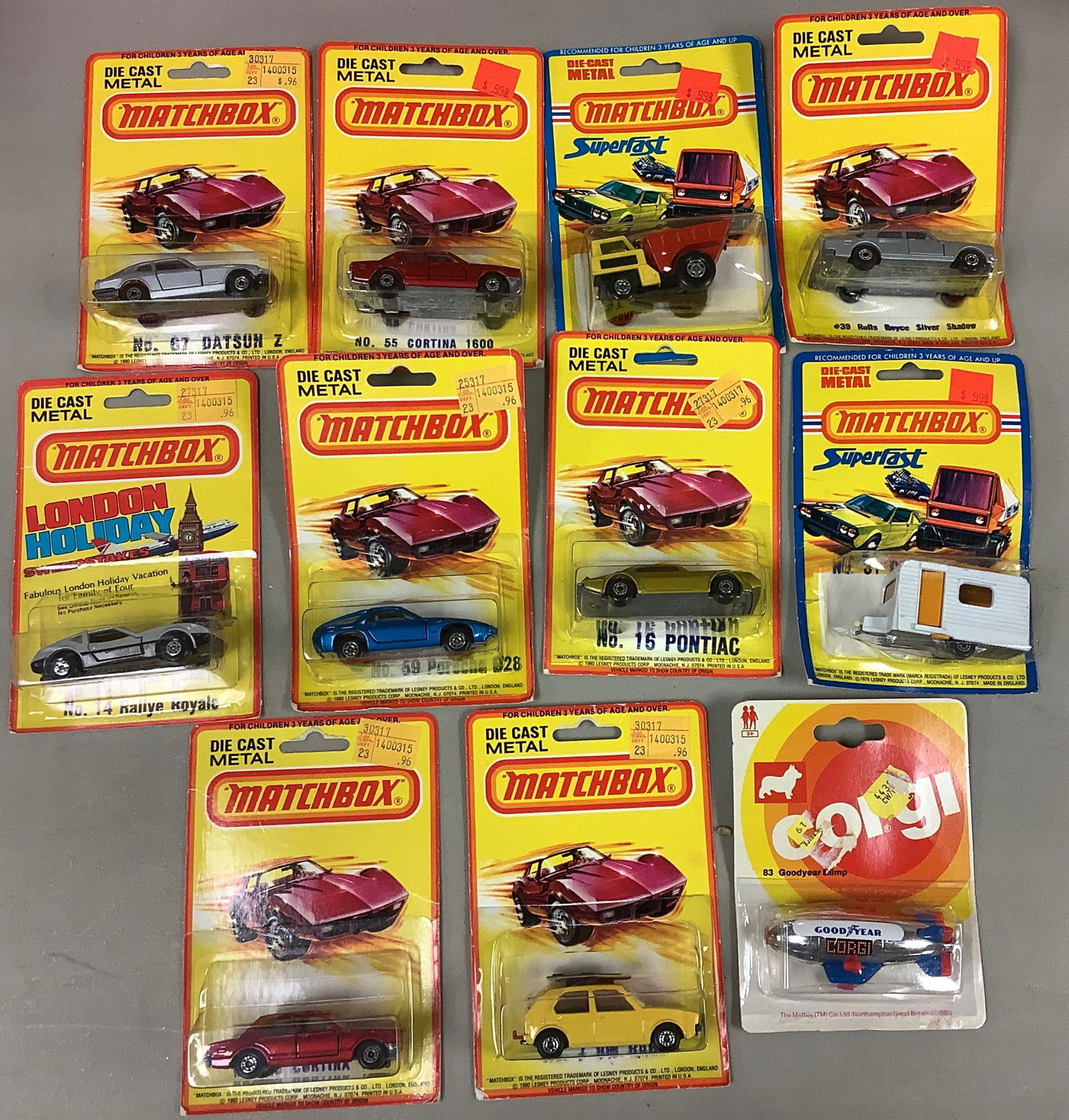 Lot of Vintage Matchbox Die Cast Metal Cars (Qty 10), plus one 1983 Corgi Good Year Blimp (1 of 1)