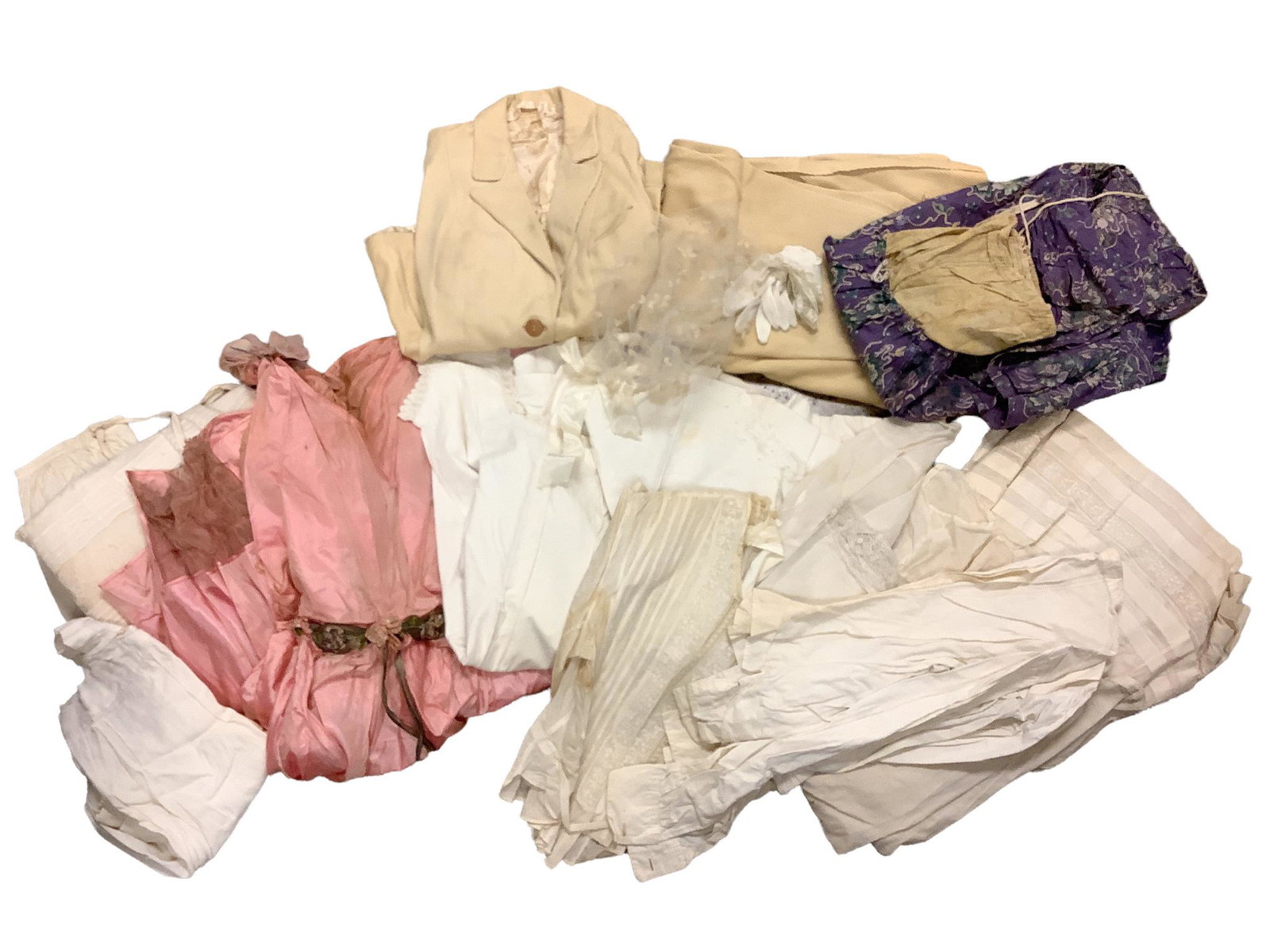 Lot of women/girls clothes including suit, skirts, dresses, shirts, gloves and lace bonnet. Multiple: Lot of women/girls clothes including suit, skirts, dresses, shirts, gloves and lace bonnet. Multiple rips, stains and fragile material