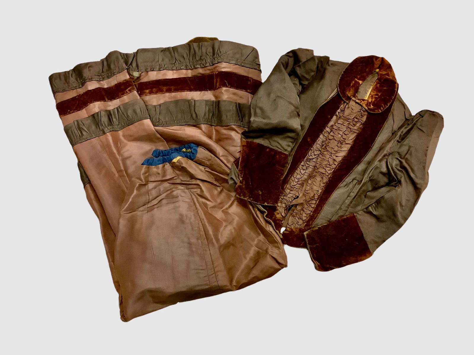 Matching brown skirt and blouse with velvet trim: Matching brown skirt and blouse with velvet trim