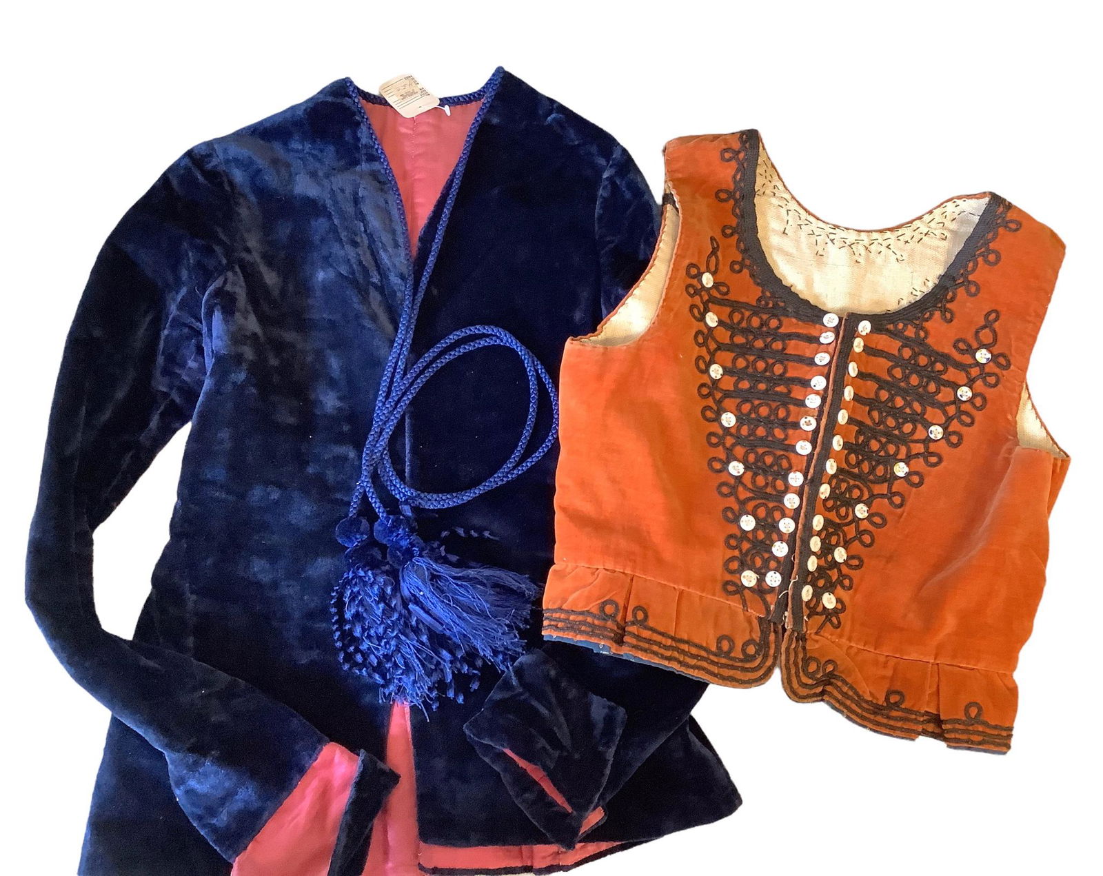 Ladies vintage jacket and vest. Lot of 2. Navy velvet jacket with pink lining. Rust vest with (1 of 3)