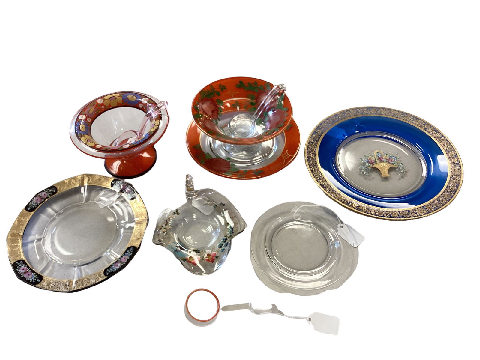 Lot of (8) including 10" glass plate with basket of flowers, glass candy dish with flowers, 8 1/2" (1 of 5)