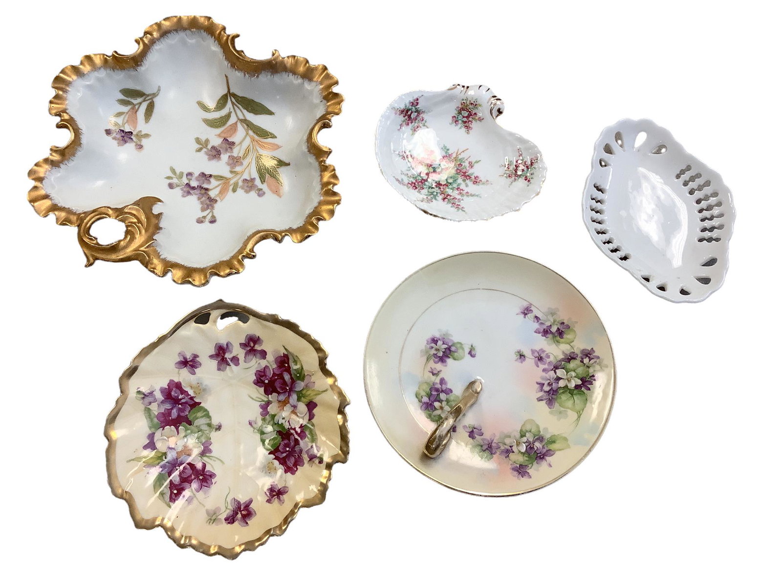 Lot of 5 porcelain objects including a 6" diameter lemon dish, marked Prussia Royal Rudolstadt, a: Lot of 5 porcelain objects including a 6" diameter lemon dish, marked Prussia Royal Rudolstadt, a 5.5" bowl marked Prussia, a 4.75" dish marked Bone China Hammersley & Co., made in England, an 8.5"w d