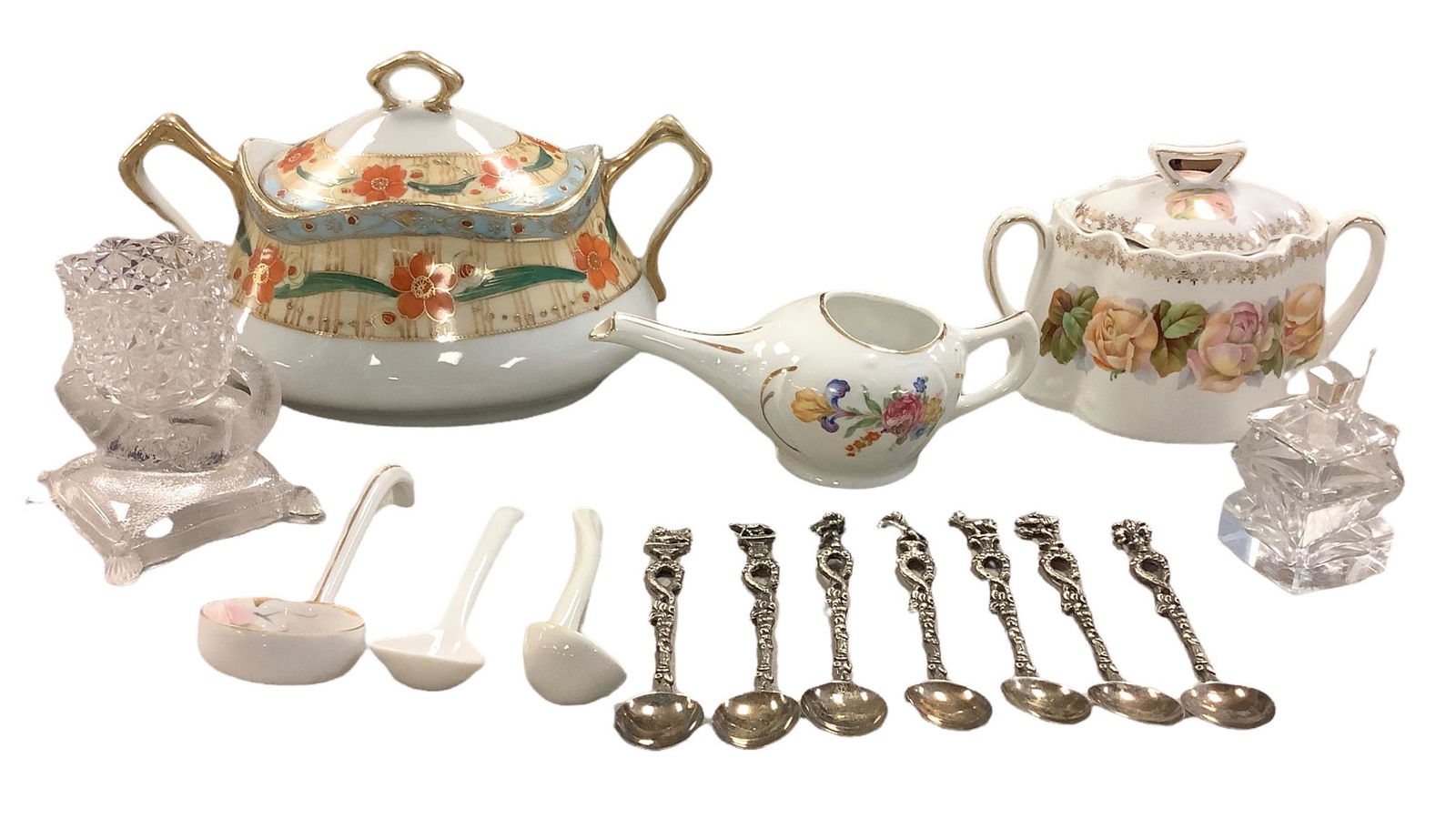 Lot including a porcelain hand painted biscuit jar, 5"h, marked Nippon, a porcelain tea caddy, 3"h, (1 of 3)