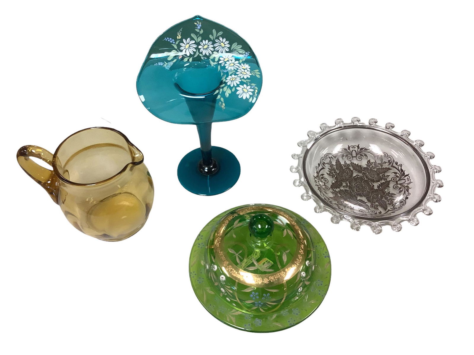 Lot of 4 pieces of vintage glass including a Pairpoint Jack-in-the-Pulpit vase, teal with daisies, (1 of 1)