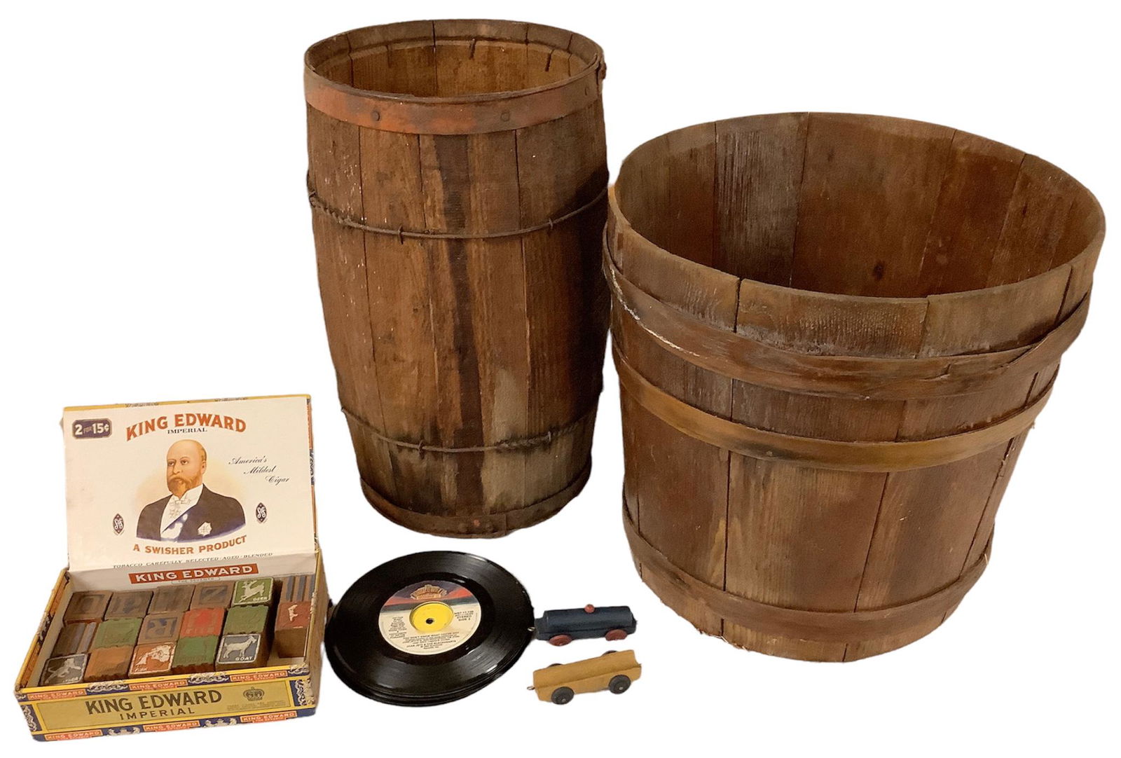 Lot including an antique wooden barrel, 17"h x 9.75"d, a wooden bucket, 14"h x 15"d, 17 vintage (1 of 1)