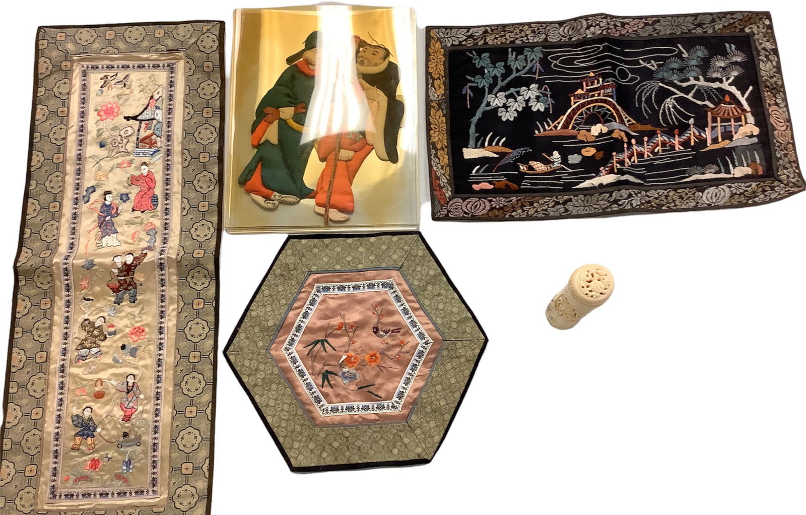 Three Embroidery Tapestry's. Hand carved Bone Sculpture with lid. Vintage 2 Japanese 3-D silk cloth: Three Embroidery Tapestry's. Hand carved Bone Sculpture with lid. Vintage 2 Japanese 3-D silk cloth figurines