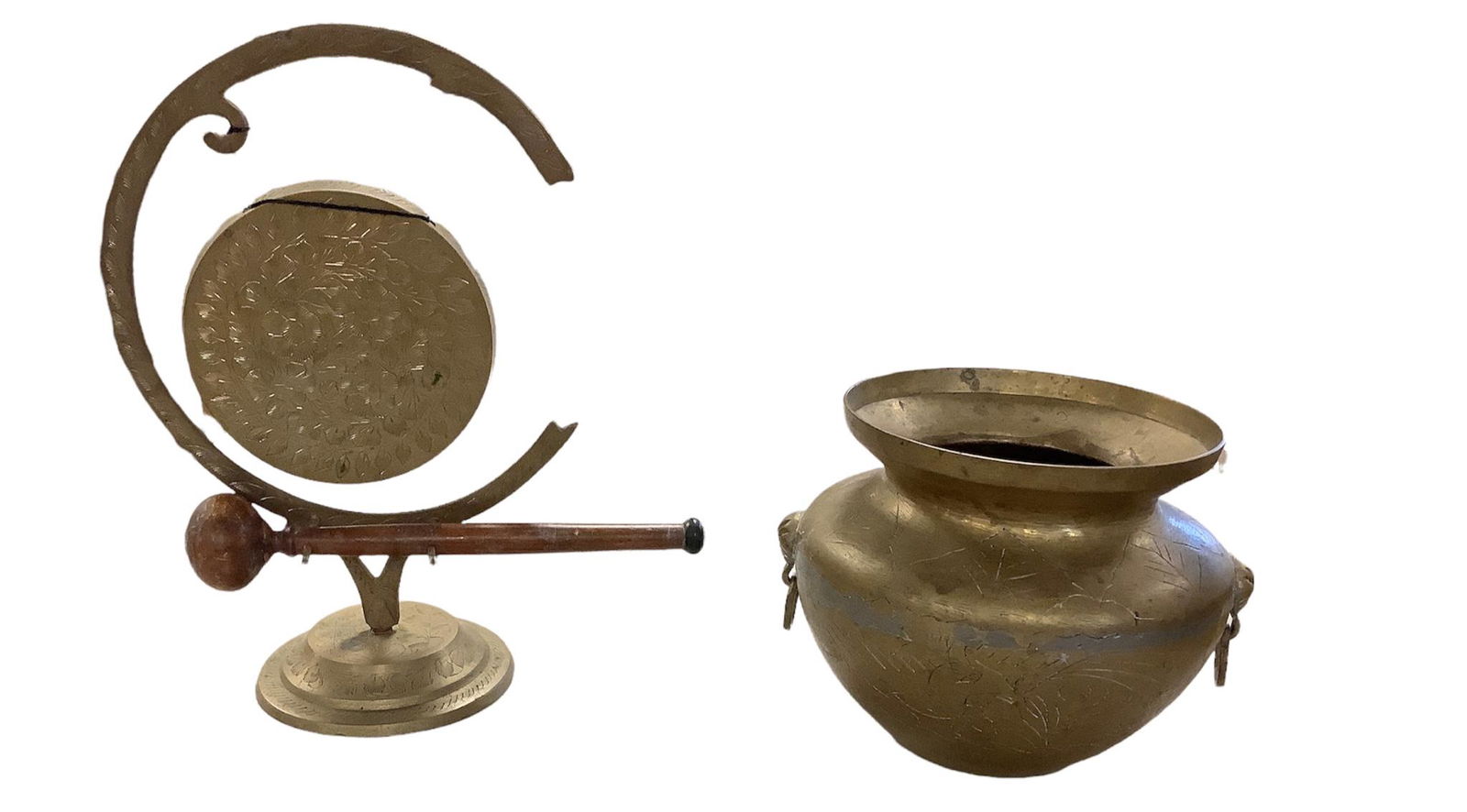 Vintage.Etched Brass Metal Gong with Hammer decorative., 5" Asian Brass Vase. (1 of 1)