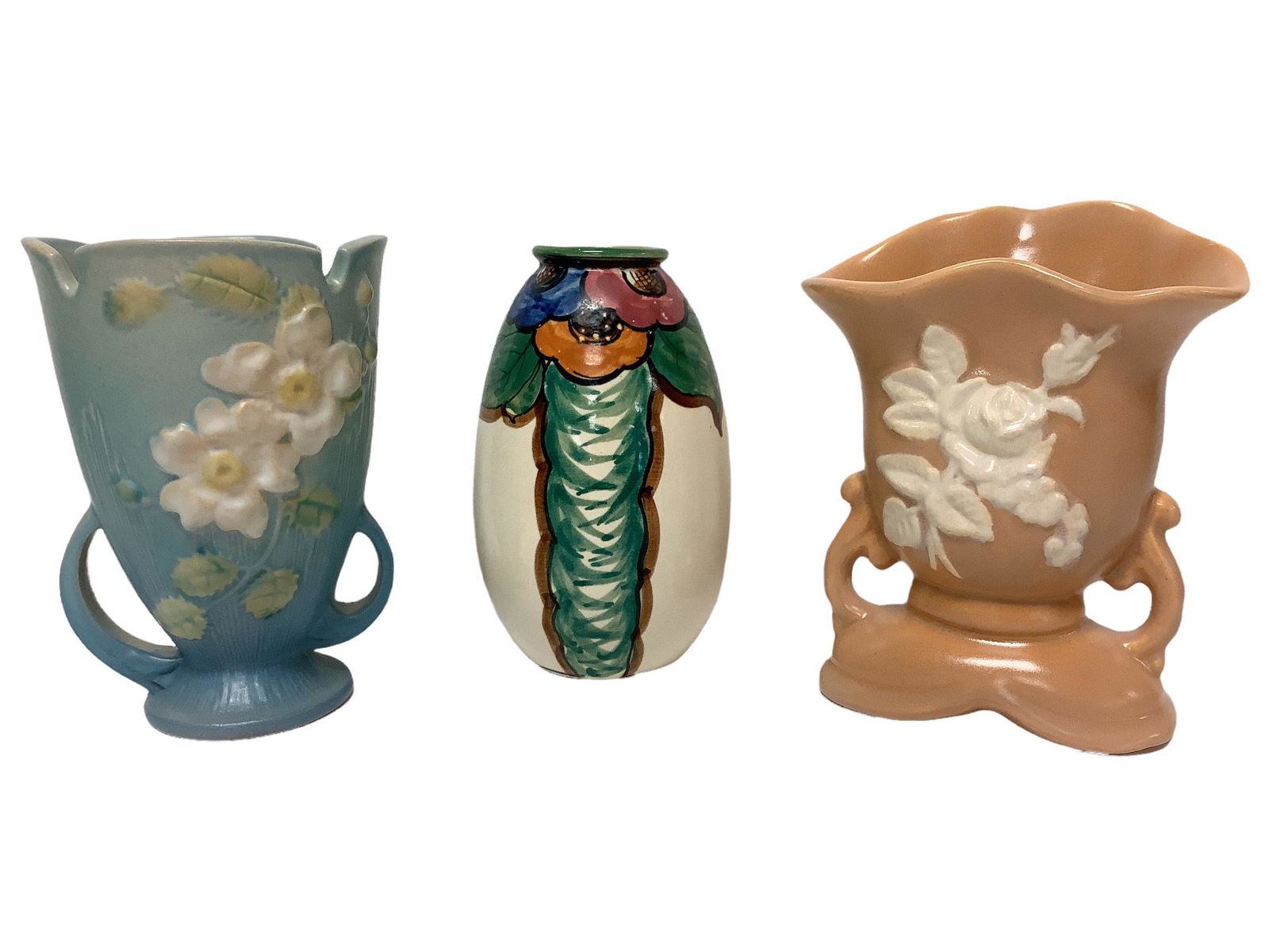 Lot of 3 vases including one from Roseville pottery, 6.25"h, and 2 from Weller pottery, 6.25" & (1 of 2)