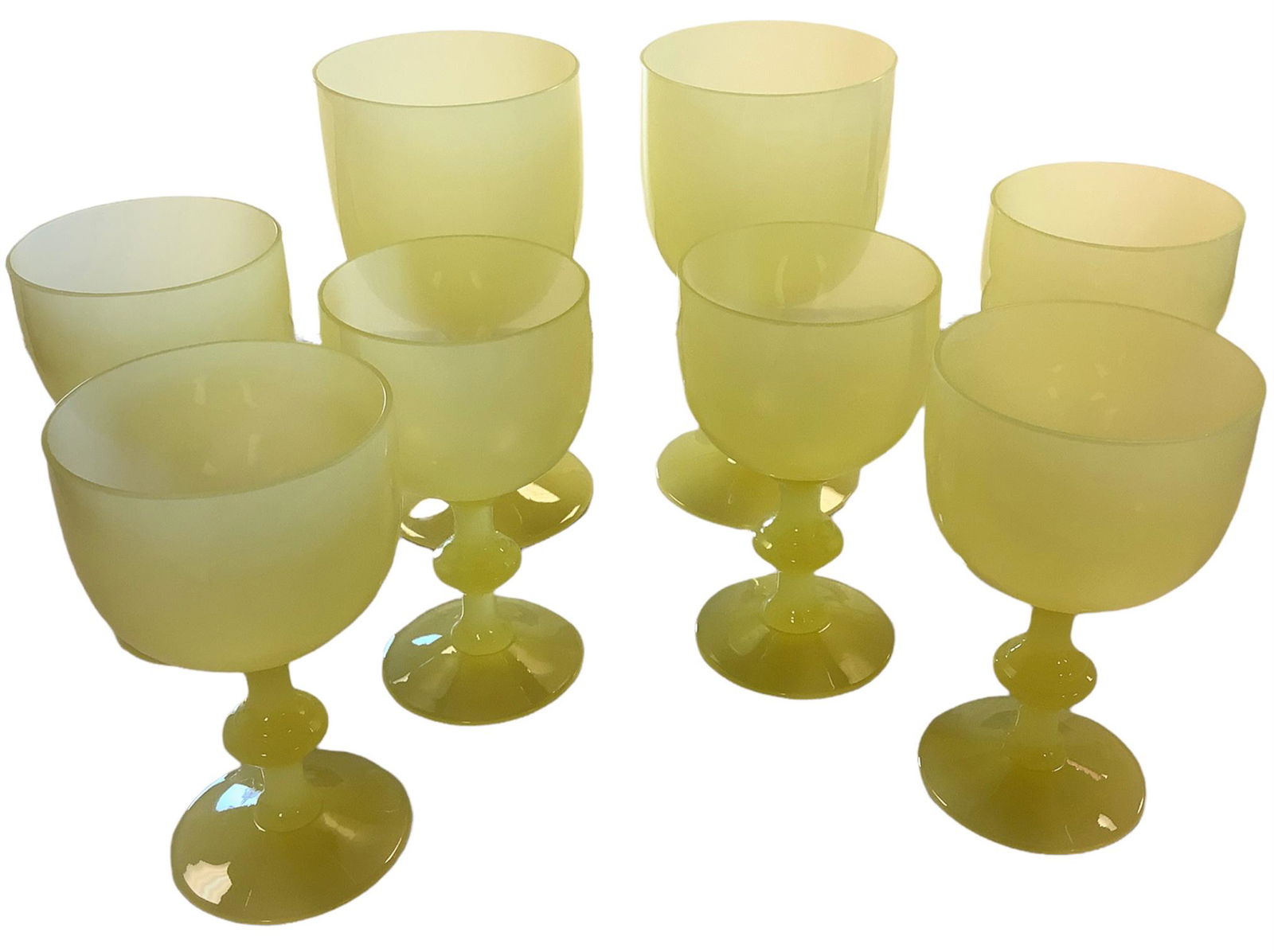 Lot of 8 yellow opaque vintage wine goblets. 2 @ 6.5" , 4 @ 5 1/4",: Lot of 8 yellow opaque vintage wine goblets. 2 @ 6.5" , 4 @ 5 1/4"