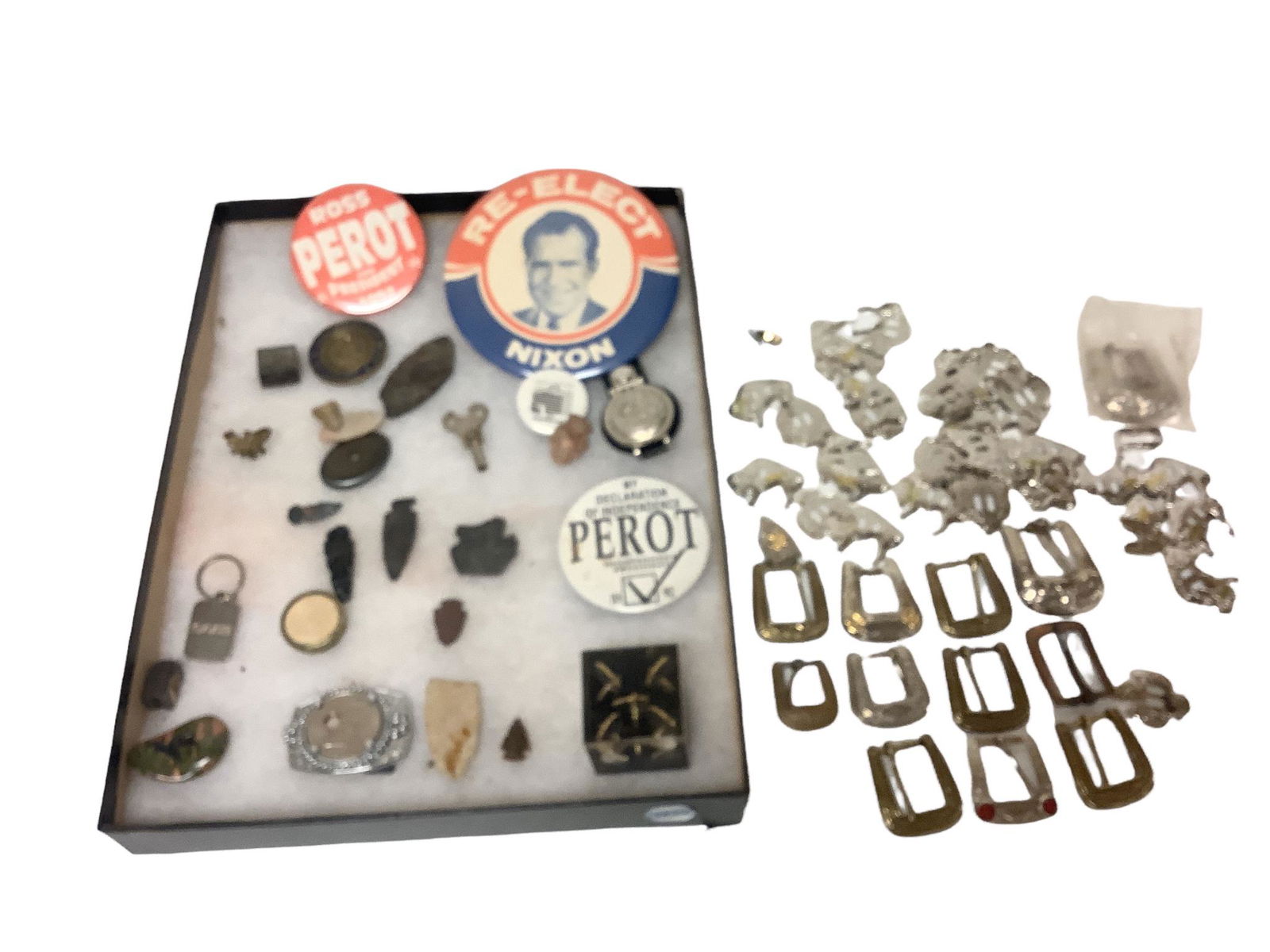 Lot including a 6" diameter "Re-elect Nixon" campaign button, 2 Perot campaign buttons, some flint (1 of 1)