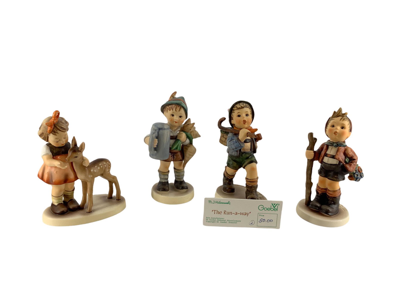 Lot of 4 Hummel figures which include "Friends ", "For Father", "The Runaway", and "Country Suitor".: Lot of 4 Hummel figures which include "Friends ", "For Father", "The Runaway", and "Country Suitor". All range 4.5 - 5.5" tall.