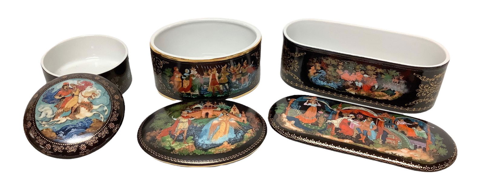 Lot of 3 glass Russian lidded boxes with different scenes, gold trim and Russian writing on boxes. (1 of 2)