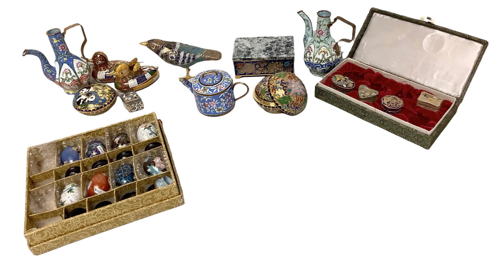 Lot of misc metal enameled boxes, eggs, birds and teapots, some marked Made in China. One box has (1 of 2)