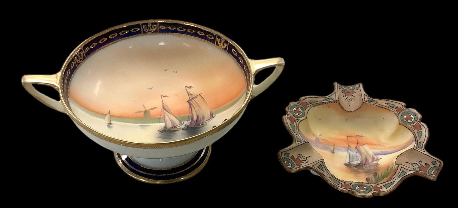 2 hand painted moriage Nippon china pieces - double handled pedestal bowl (3.25" tall & 5.5" top (1 of 2)