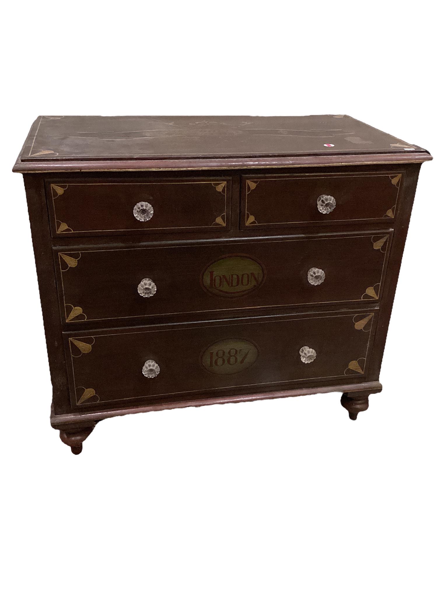 Early decorated four drawer chest with glass knobs. Medallion on top say "The Hotel Royal" One foot (1 of 3)