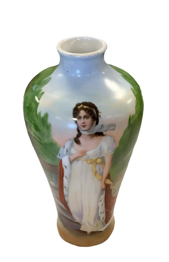 Maiden in the Garden - German made hand painted urn vase. Measures 9 1/2" tall. Maker's stamp and (1 of 2)
