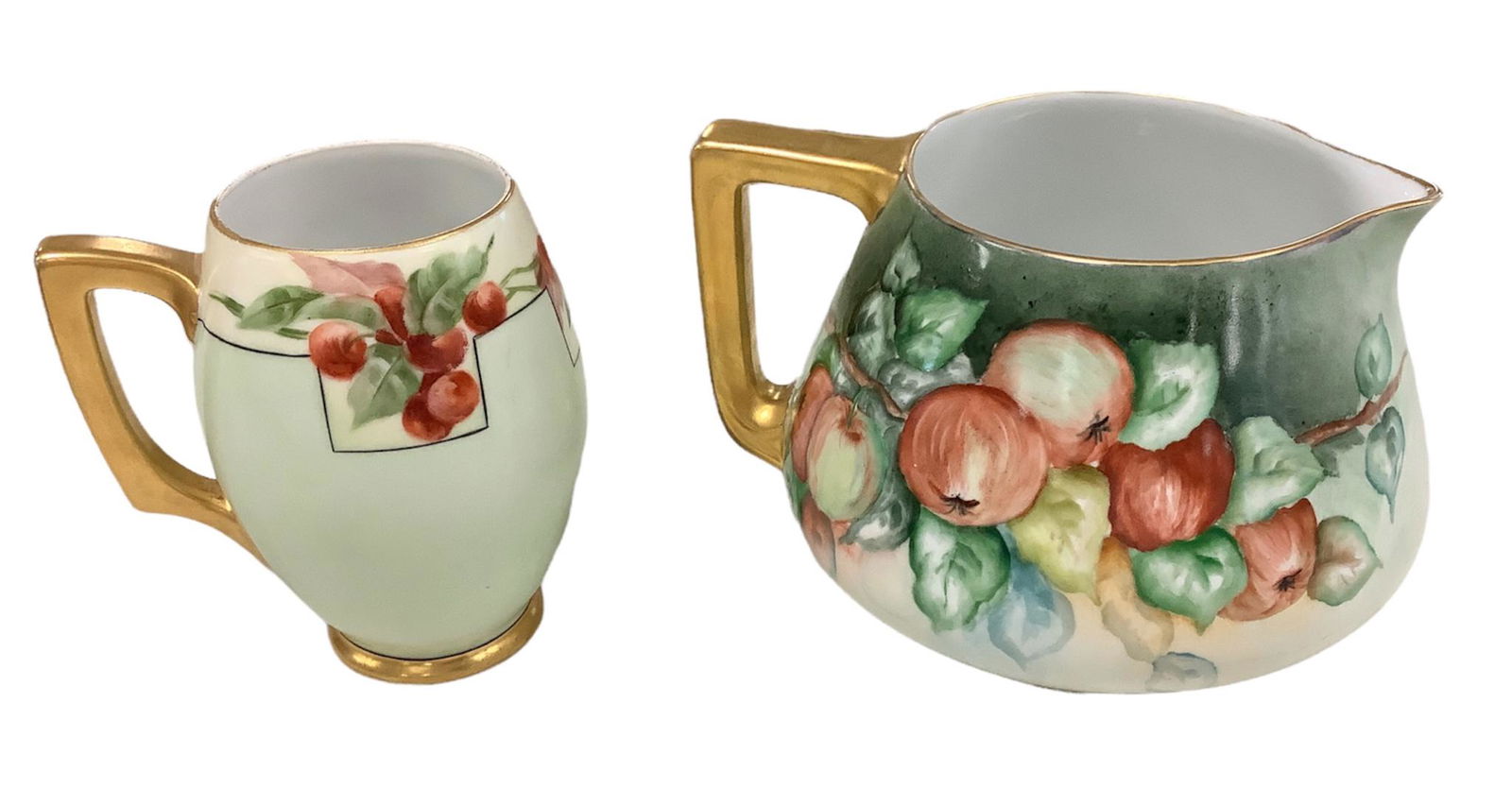 B&C Limoges France Bernardaud hand-painted Apples Cider Pitcher, measures 7" (without handle) x 5: B&C Limoges France Bernardaud hand-painted Apples Cider Pitcher, measures 7" (without handle) x 5 3/4". Vienna Austria hand-painted Cherries and Leaves Tankard, measures 4" (without handle) x 5 3/4".
