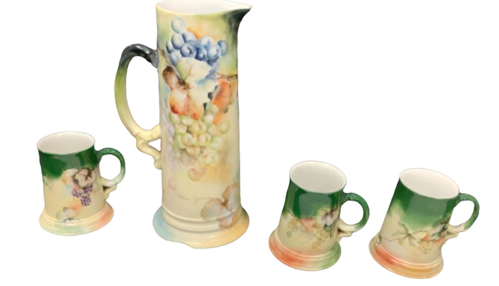 Limoges J.P. Jean Pouyat hand painted grapes pitcher signed with three mugs signed . Pitcher 13.1/4" (1 of 1)