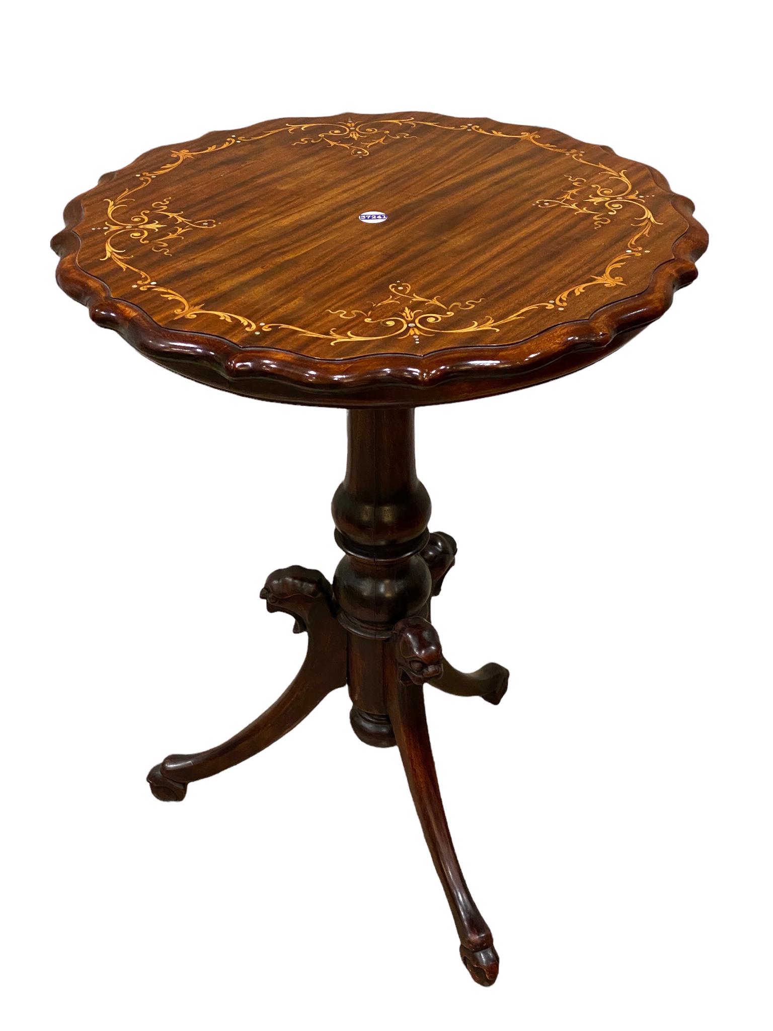 Mahogany tea table with wood & mother of pearl inlay, 23" x 23" x 30".: Mahogany tea table with wood & mother of pearl inlay, 23" x 23" x 30".