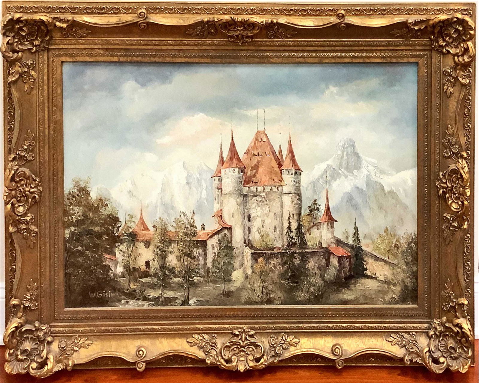 Willy Gisin (1921-2006) oil on board, castle scene. Signed lower left. 46.5" x 35" (1 of 1)