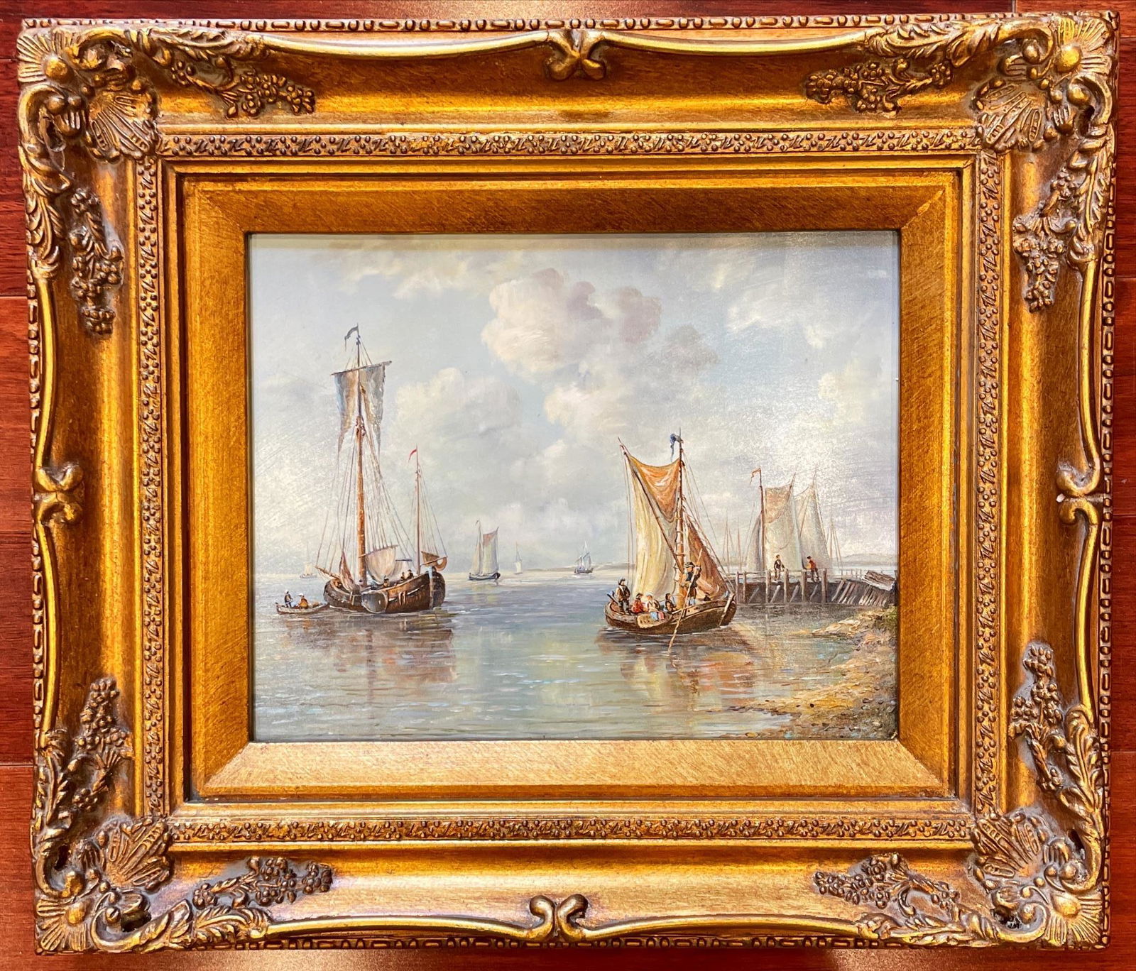 Unsigned oil on board waterfront scene with boats. 15" x 13" (1 of 1)