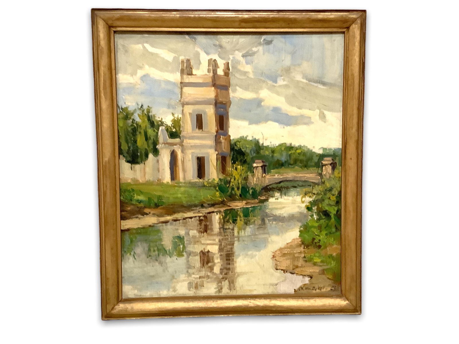 Charles Wm. Duvall, oil on board, castle scene, signed and dated lower right (â€˜29), measures in: Charles Wm. Duvall, oil on board, castle scene, signed and dated lower right (â€˜29), measures in 16"x18.5"
