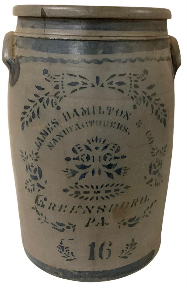 Sixteen gallon stoneware crock, 22.75"h x 13.5"d. Chip on rim and crack extending from rim, down: Sixteen gallon stoneware crock, 22.75"h x 13.5"d. Chip on rim and crack extending from rim, down front, approximately 18".
