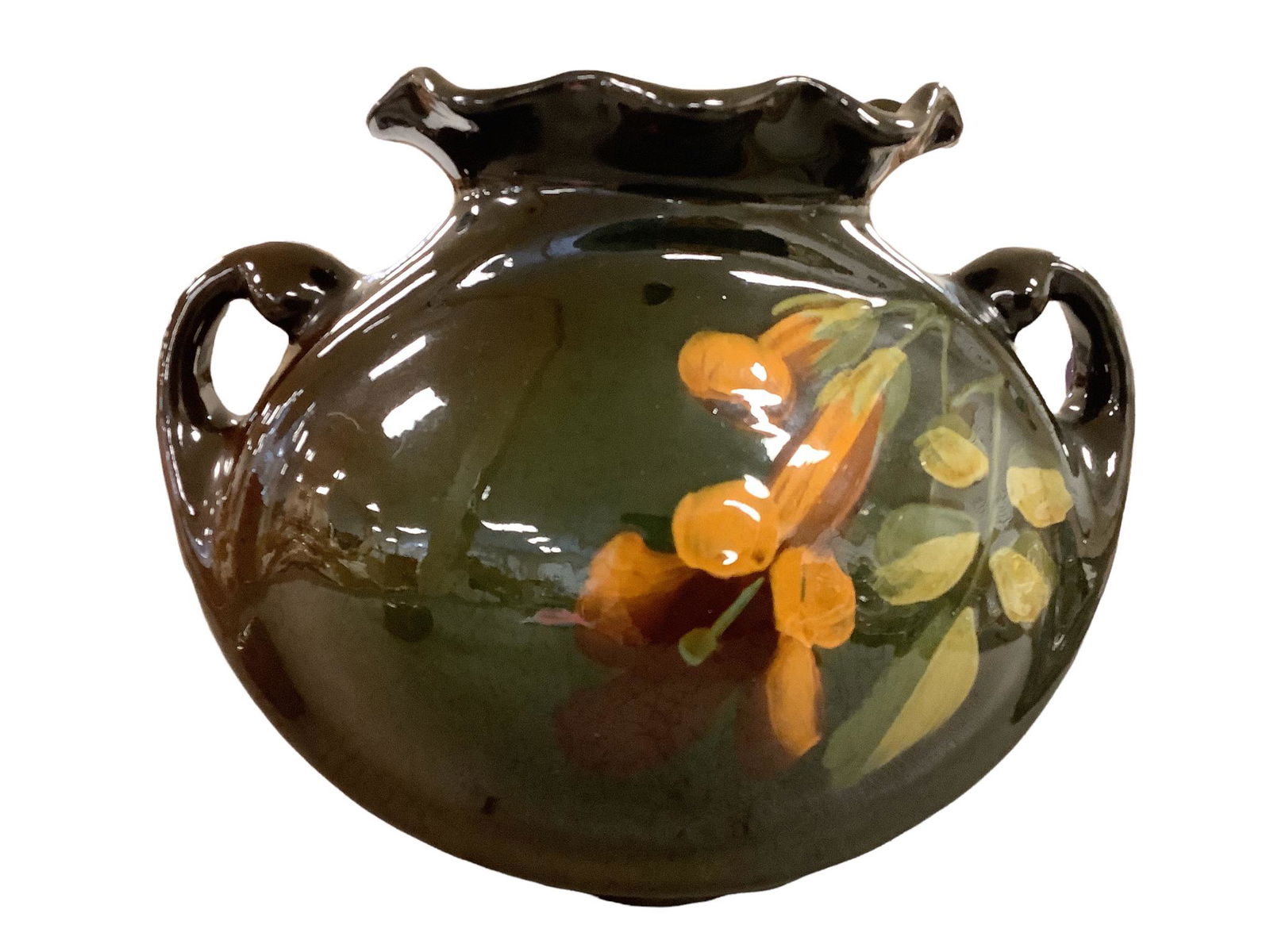 Standard glaze unmarked Rozane Pillow Vase, brown with flowers (1 of 1)