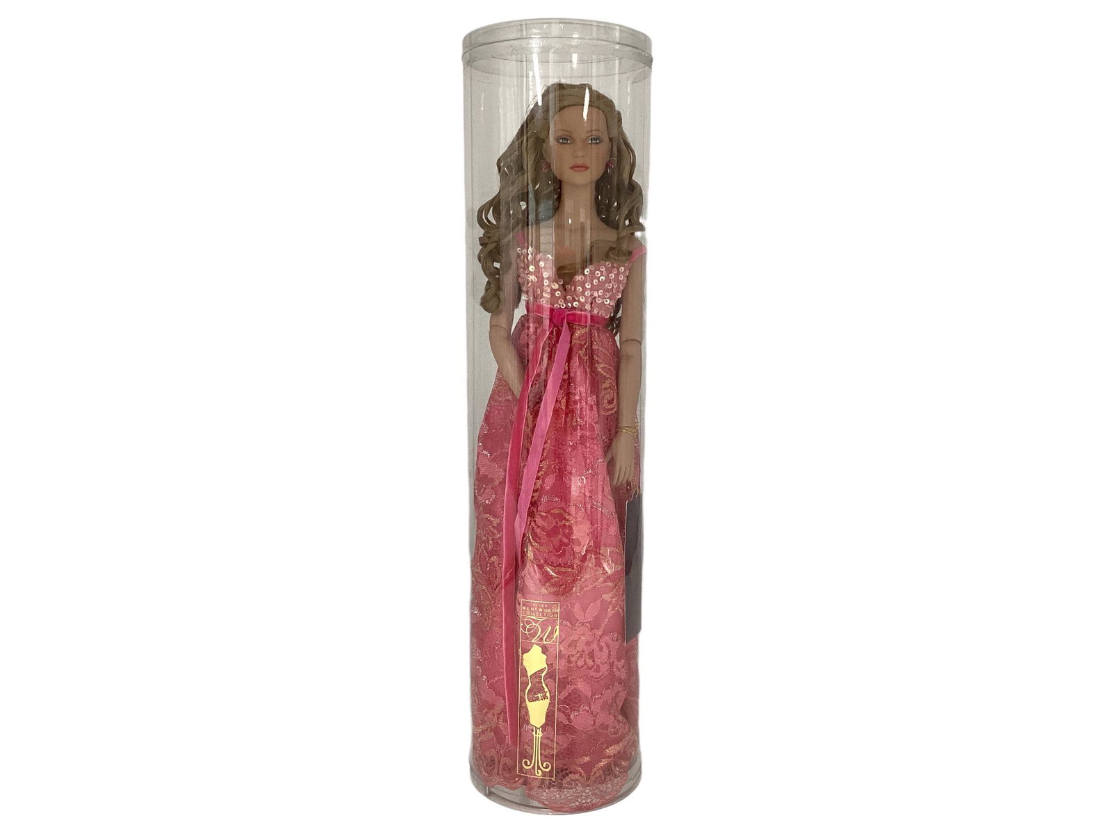 Robert Tonner Tyler Wentworth 16" light brown hair doll wearing "Petulant Pink Stella" a pink gown: Robert Tonner Tyler Wentworth 16" light brown hair doll wearing "Petulant Pink Stella" a pink gown made of pink and gold flower lace with sequins on the bodice, pink velvet bow around her waist, pink