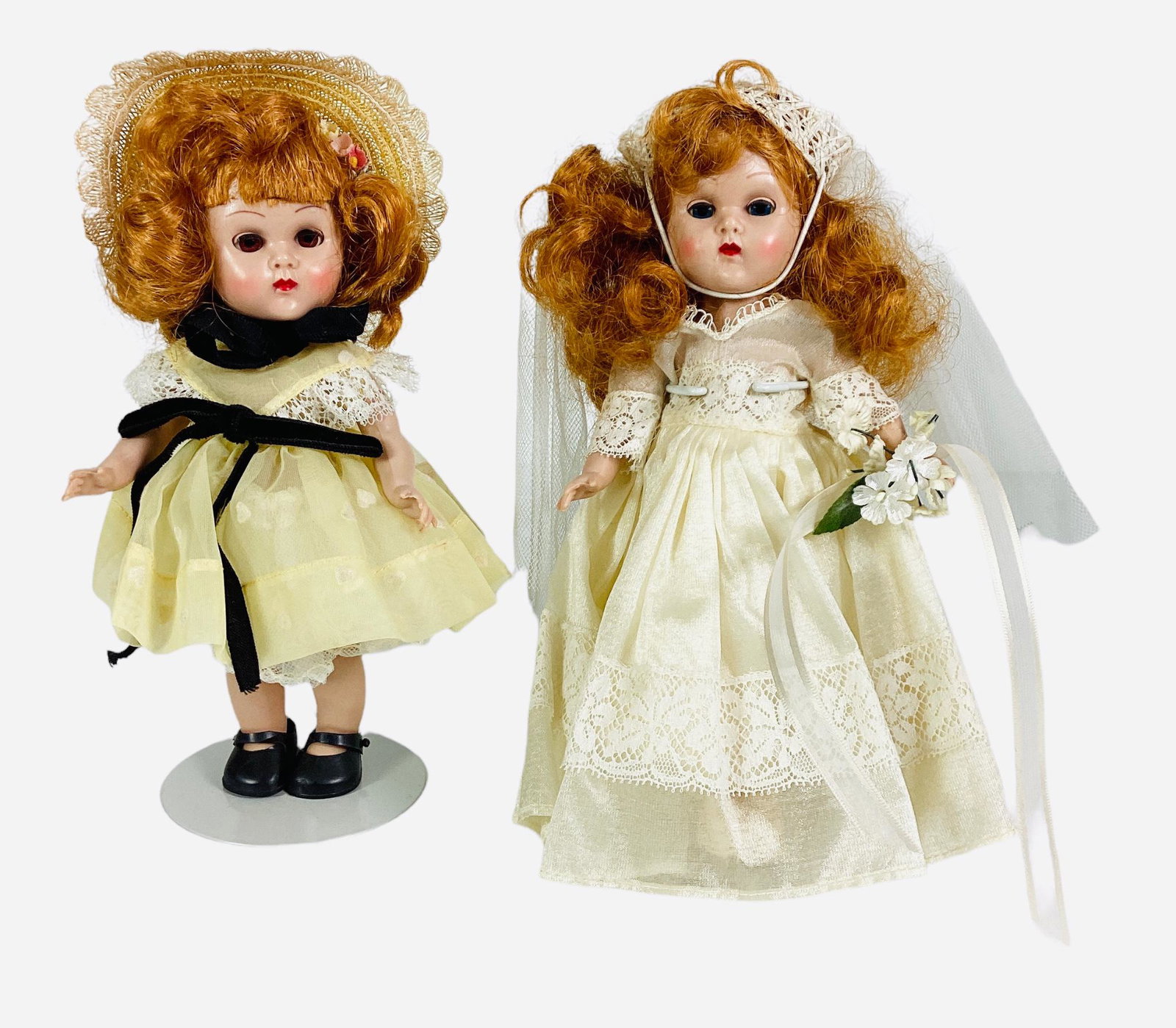 Pair 8" Vogue Ginny dolls, 1955-1956, Bride, hard plastic Walker, auburn mohair wig loose long (1 of 3)