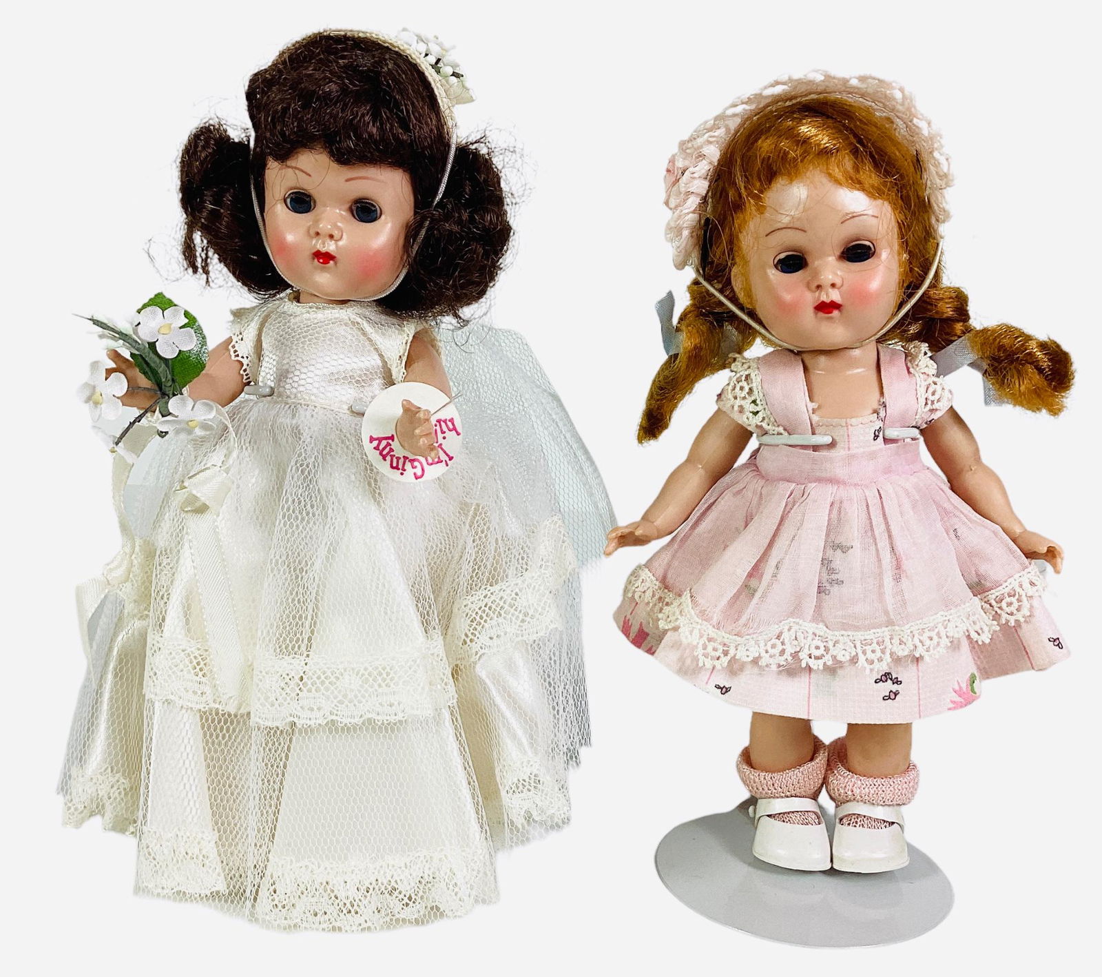 Pair 8" Vogue Ginny dolls, 1950's, Bride, hard plastic bent knee Walker, dark brown mohair wig (1 of 3)