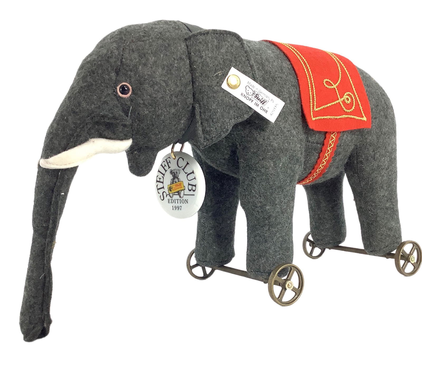 12 1/2" Steiff 1914 "Elephant on Wheels" #339, grey mohair with white wool felt tusks, stuffed with (1 of 3)