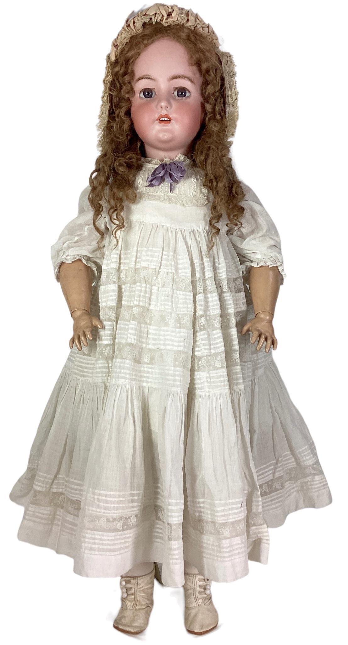 Simon & Halbig 1078 bisque socket head girl. 34" doll with replaced mohair wig, glass sleep eyes,: Simon & Halbig 1078 bisque socket head girl. 34" doll with replaced mohair wig, glass sleep eyes, molded brows, pierced ears, open mouth with teeth, on jointed composition body, dressed in antique whi