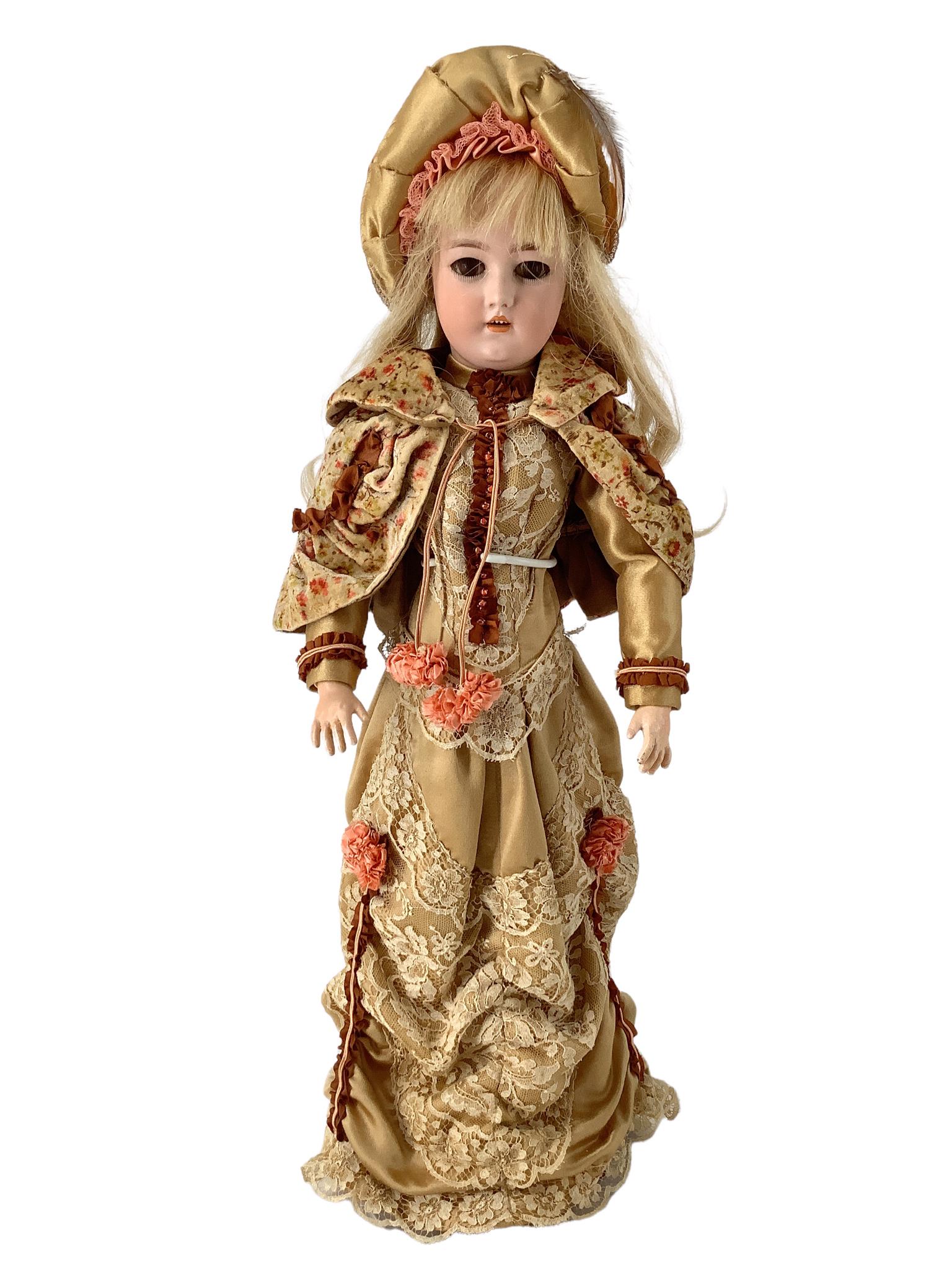 Simon & Halbig 1159 bisque socket head lady. 19" doll with human hair wig, glass sleep eyes with: Simon & Halbig 1159 bisque socket head lady. 19" doll with human hair wig, glass sleep eyes with eyelashes, pierced ears, open mouth with teeth, on jointed composition lady body with molded bust. Nice