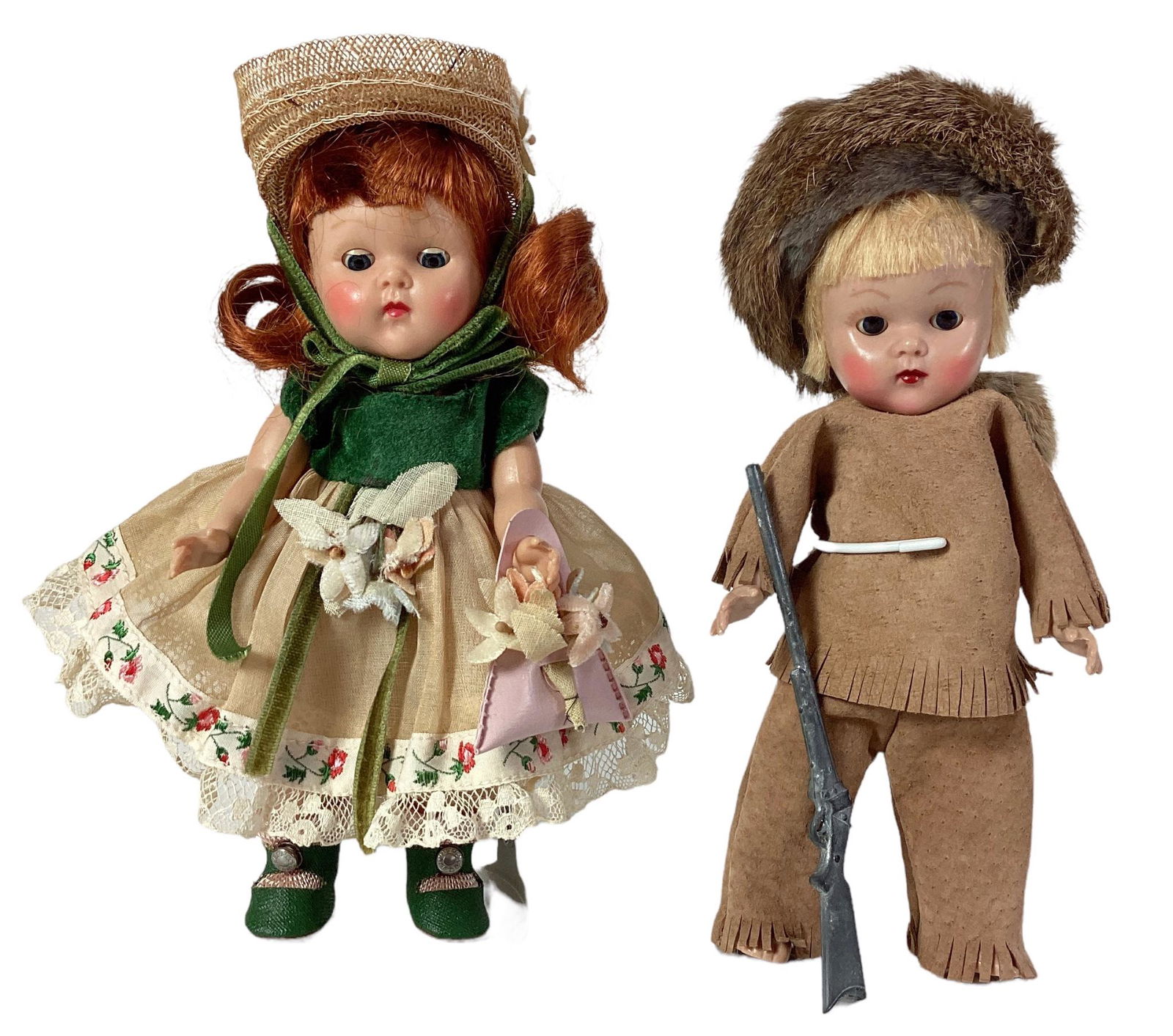 Pair 8" Vogue Ginny dolls, 1950-1953, Pamela from the Debutante Series, hard plastic, auburn mohair: Pair 8" Vogue Ginny dolls, 1950-1953, Pamela from the Debutante Series, hard plastic, auburn mohair wig center parted curls with slightly curly bangs, bi-color blue eyes, painted eyelashes and facial