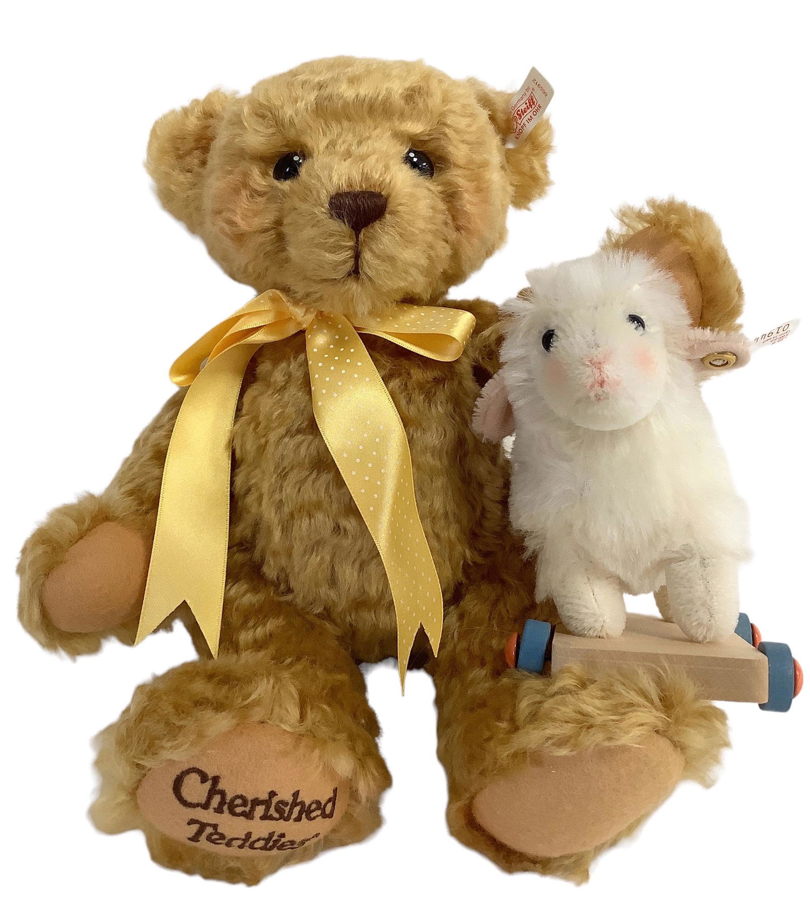 12 1/2" Steiff mohair "Chelsea" Teddy Bear with lamb #1944, little white lamb is standing on a wood (1 of 2)