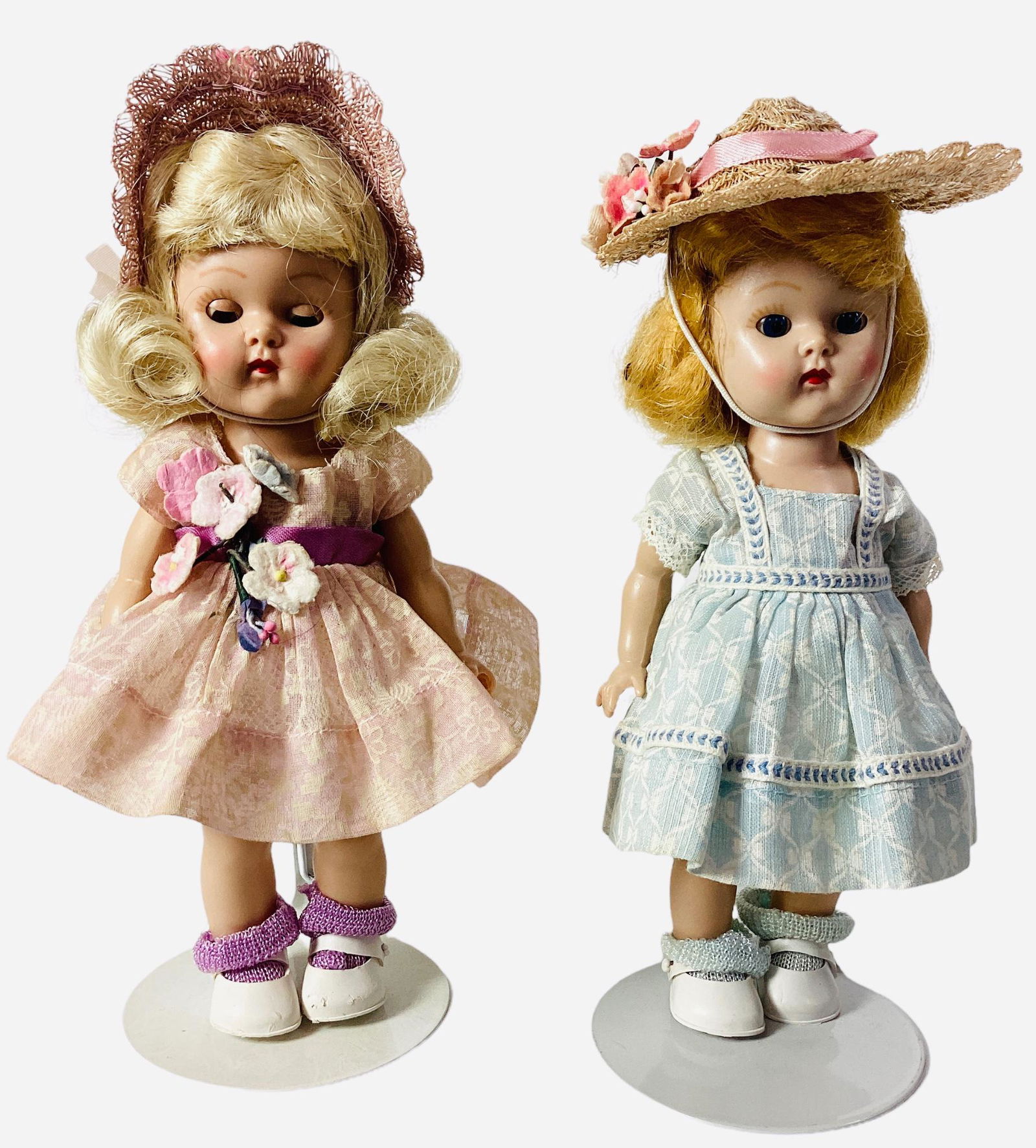 Pair 8" Vogue Ginny dolls, 1954, hard plastic Walker, strawberry blonde mohair wig in simple Pageboy (1 of 2)