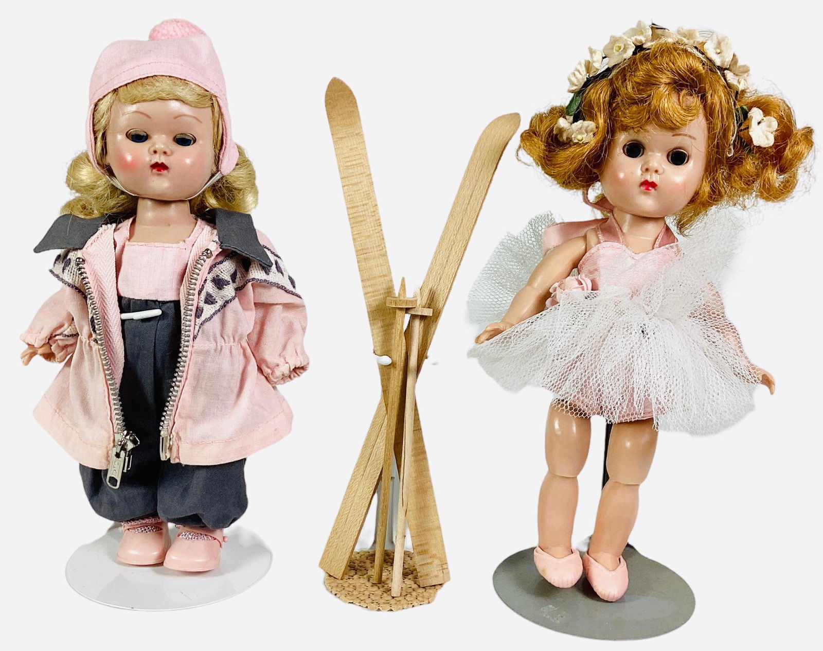 Pair 8" Vogue Ginny dolls, 1955-1956, Skier from the For Fun Time Series, hard plastic Walker, light (1 of 2)
