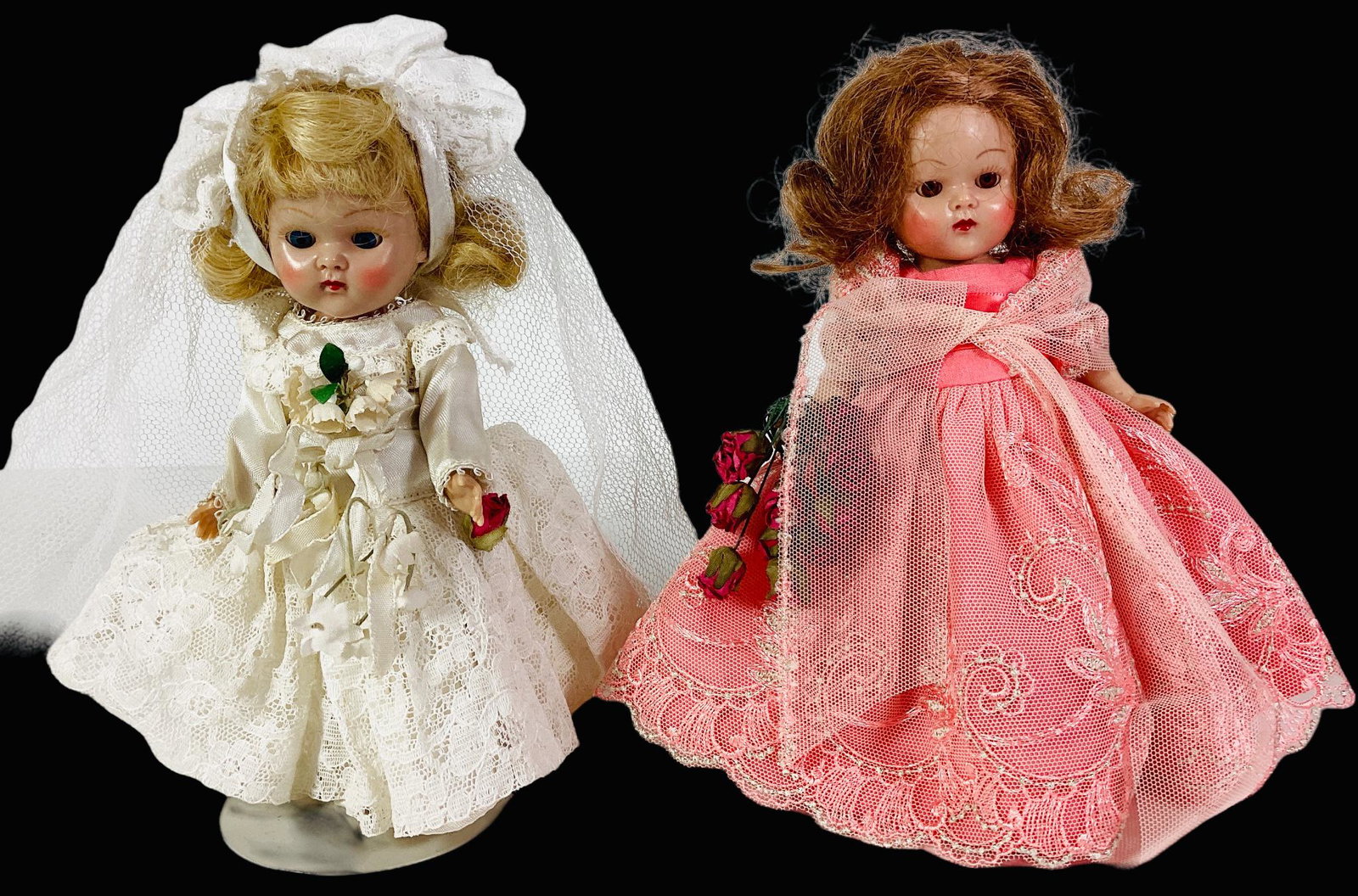 Pair of 8" Vogue Ginny dolls, 1950-1953 hard plastic, brown mohair wig in side parted flip,: Pair of 8" Vogue Ginny dolls, 1950-1953 hard plastic, brown mohair wig in side parted flip, reddish-brown eyes, painted eyelashes and facial features. She is wearing hand made formal dress with peach 