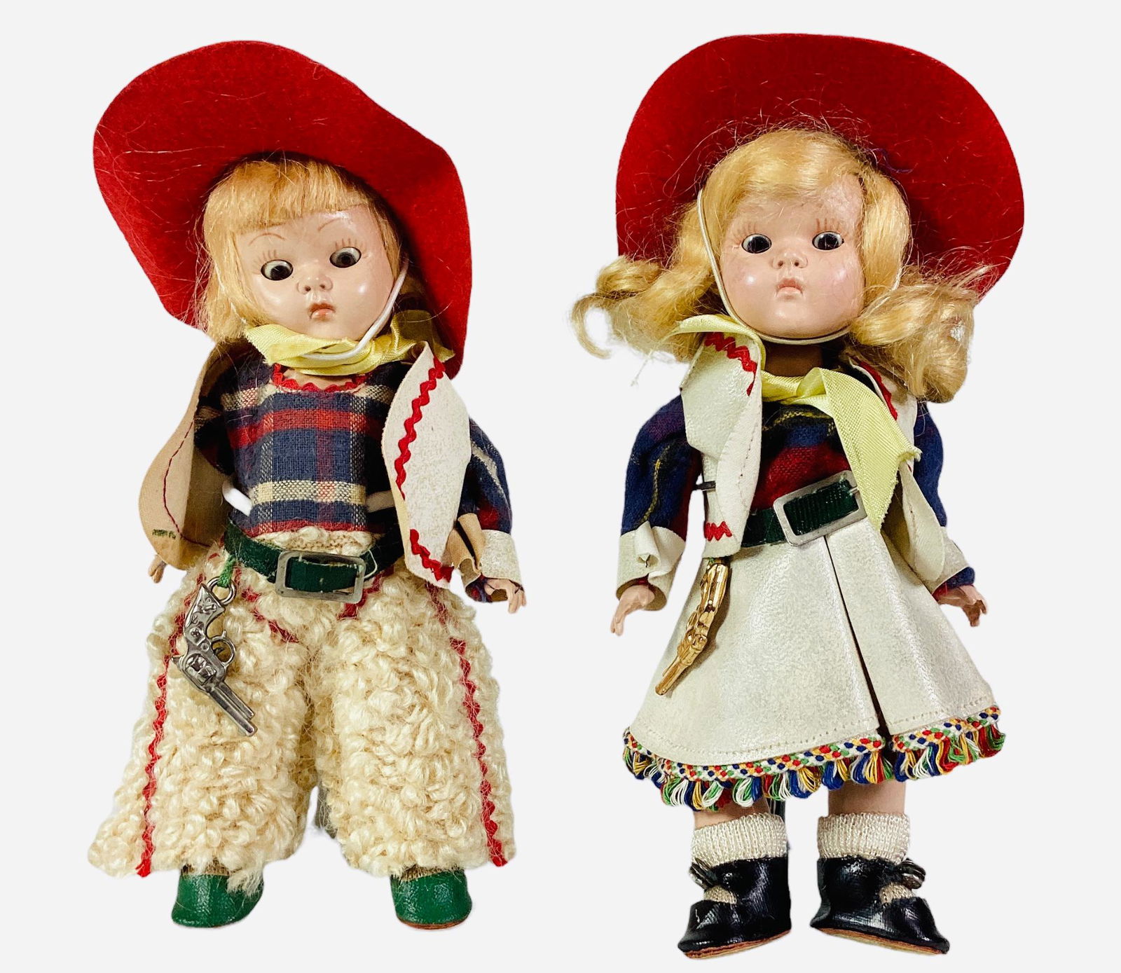 Pair 8" Vogue Ginny dolls, 1950-1953, Sonny Cowboy from the Brother & Sister Series, hard plastic,: Pair 8" Vogue Ginny dolls, 1950-1953, Sonny Cowboy from the Brother & Sister Series, hard plastic, blond cropped boy style mohair wig, blue/brown transitional eyes, painted eyelashes and facial featur