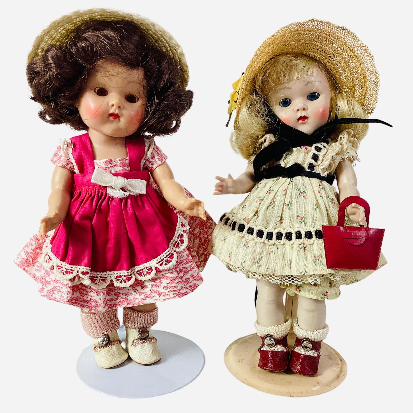 Pair 8" Vogue Ginny dolls, 1950-1953 from the Tiny Miss Series, hard plastic, dark brown mohair wig (1 of 2)