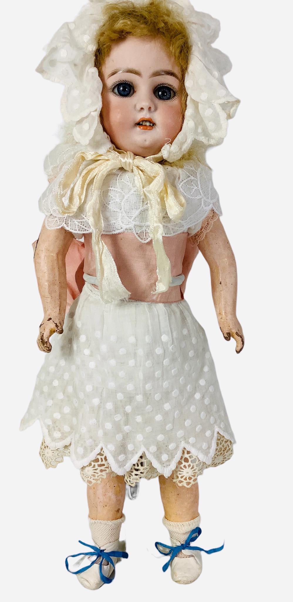 Simon & Halbig 1079 DEP bisque socket head girl. 14" doll with mohair wig, glass sleep eyes, pierced: Simon & Halbig 1079 DEP bisque socket head girl. 14" doll with mohair wig, glass sleep eyes, pierced ears, open mouth with teeth, on crude five-piece composition body. Bisque chip left earring hole, o