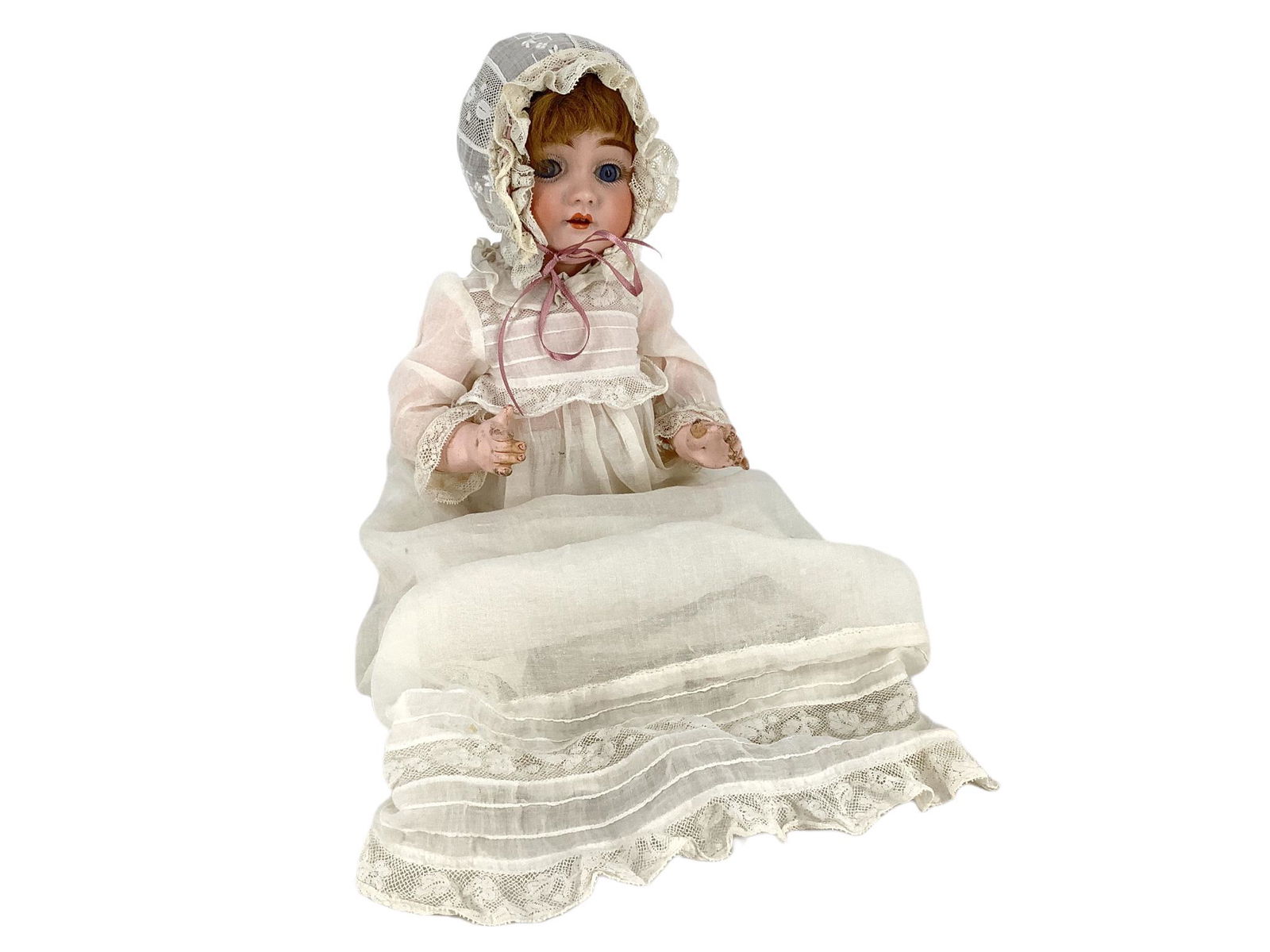 Kestner 143 bisque socket head character baby. 14" doll with mohair wig on intact plaster pate,: Kestner 143 bisque socket head character baby. 14" doll with mohair wig on intact plaster pate, glass sleep eyes, open mouth with teeth, on five-piece composition bent limb baby body. Bisque has no ap