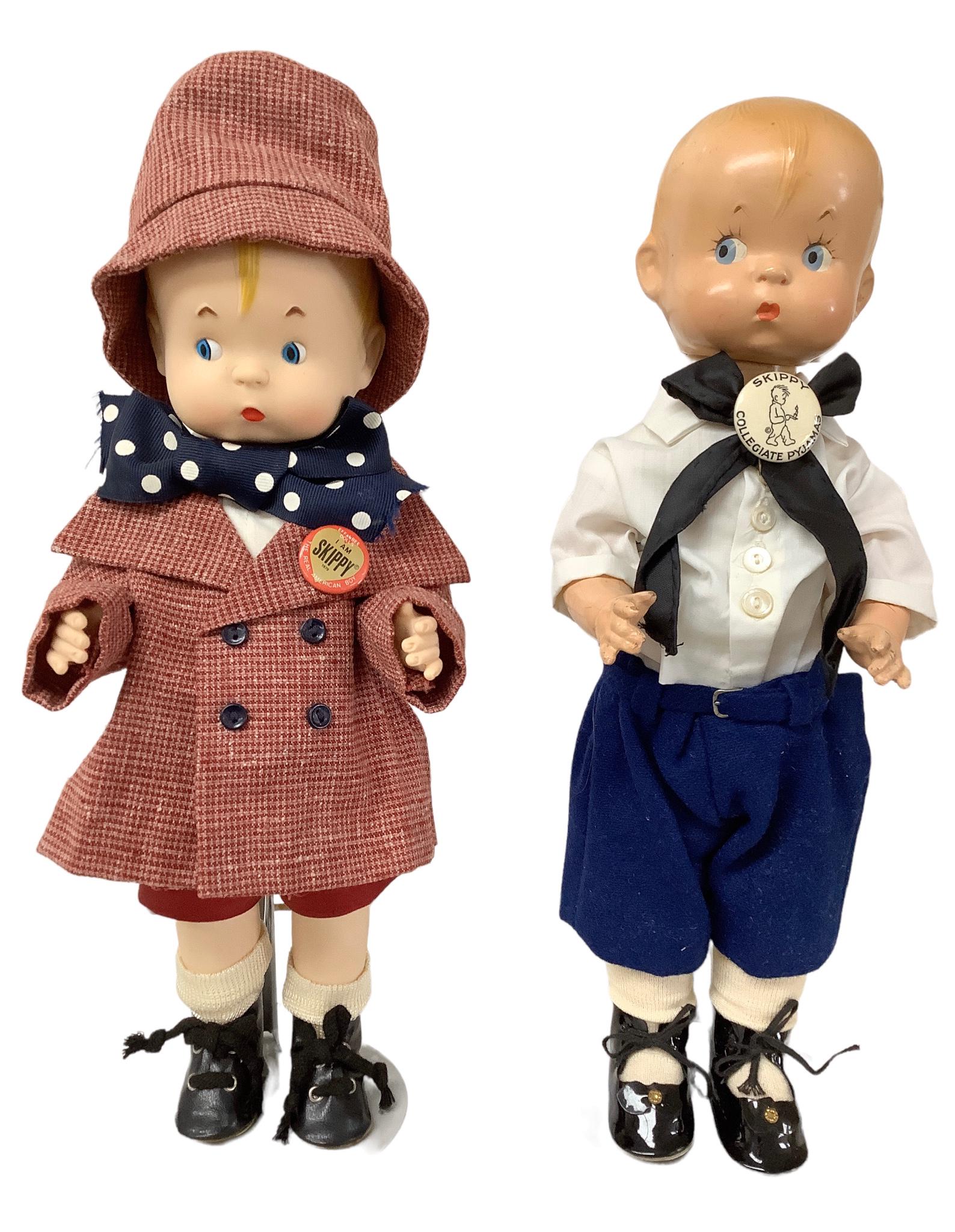 (2) Effanbee Skippy dolls. Includes 15" composition doll with cup and saucer head, molded and: (2) Effanbee Skippy dolls. Includes 15" composition doll with cup and saucer head, molded and painted hair and facial features, on cloth body with disk jointed composition arms and legs, redressed; an