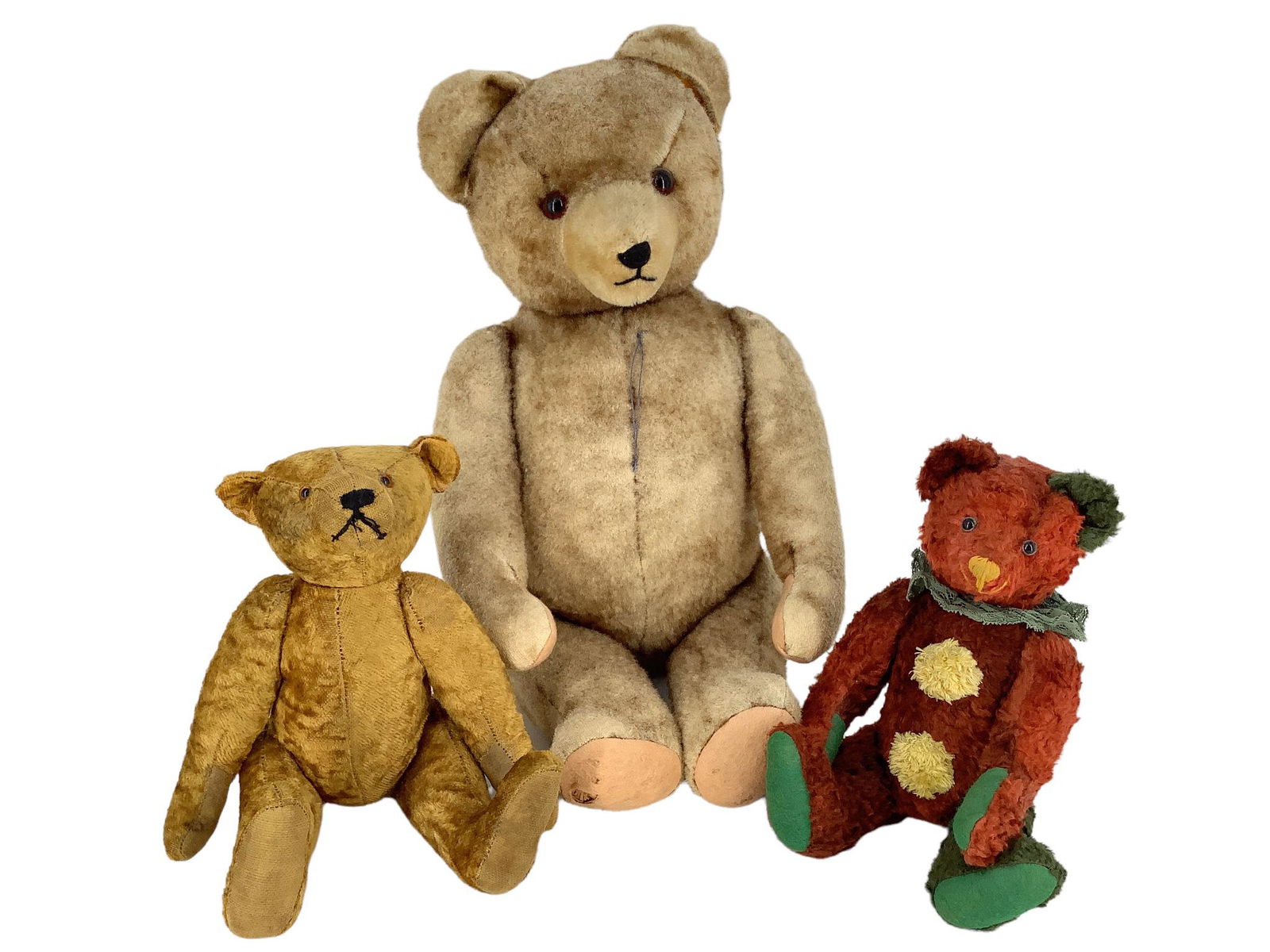 (3) Teddy Bears. Includes 22" vintage plush, 12" gold plush and 12" multi-color cotton plush. All (1 of 4)