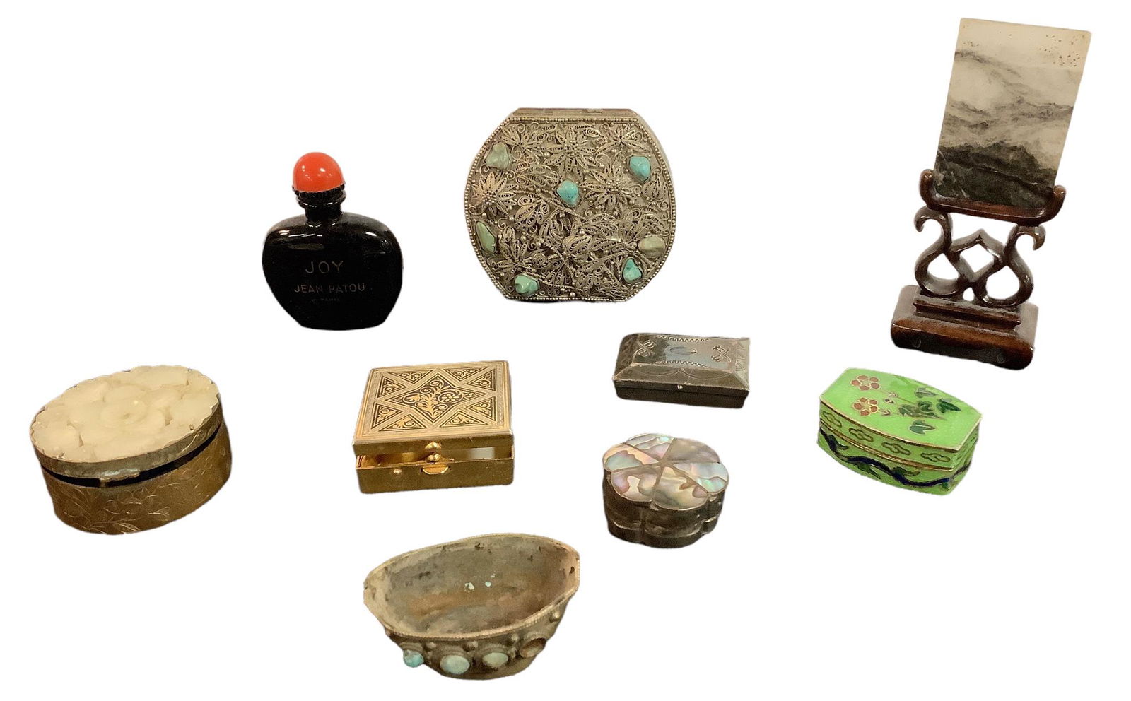 Lot of 9 items including:, - Possible silver small boat shaped container w/turquoise type stones, (1 of 2)