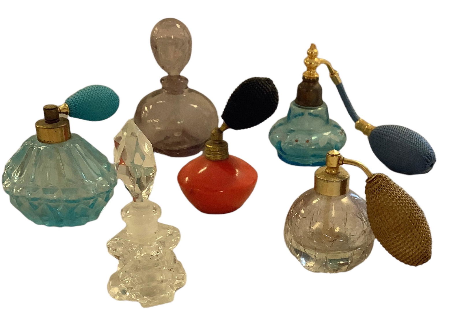 Lot of 6 small perfume bottles. Four with atomizer tops and two with stoppers. Amethyst, turquoise, (1 of 1)