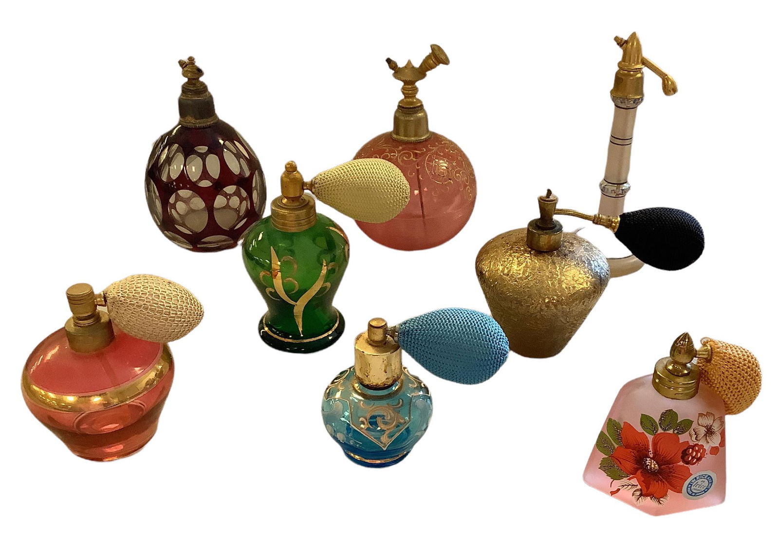 Lot of 8 glass perfume bottles with atomizers. Pinks, green, blue, ruby, gold, frosted pink and (1 of 1)