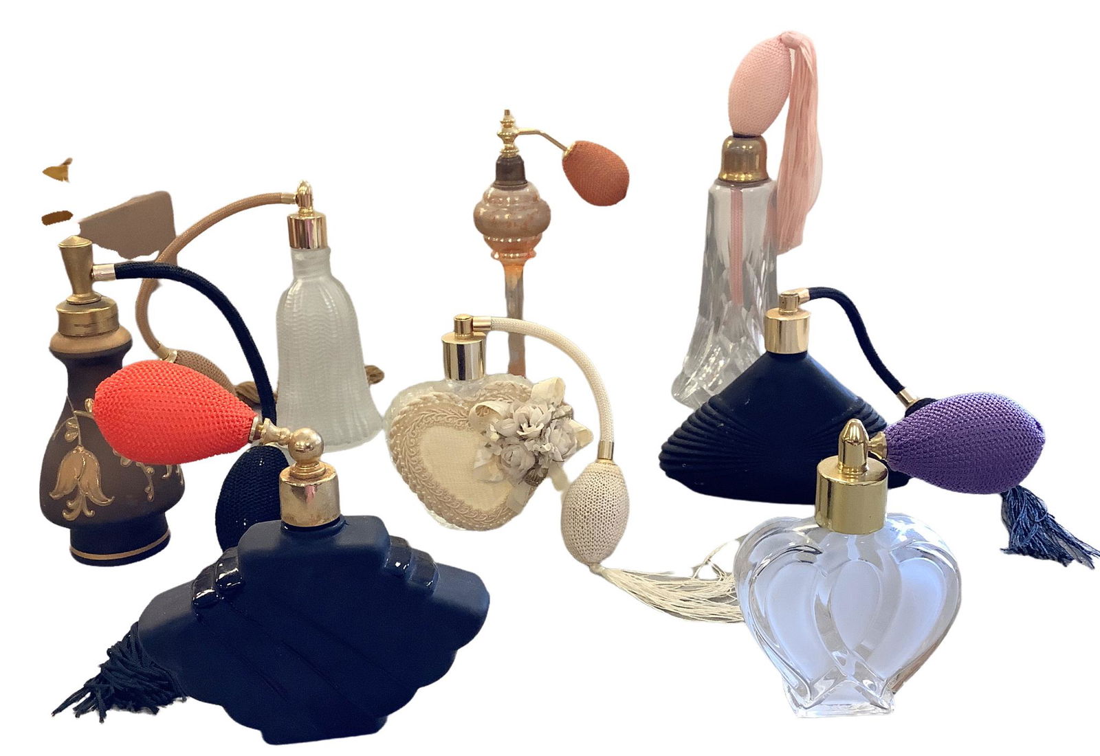 Lot of 8 glass perfume bottles, all with atomizers. frosted, pink pedestal, white heart with (1 of 1)