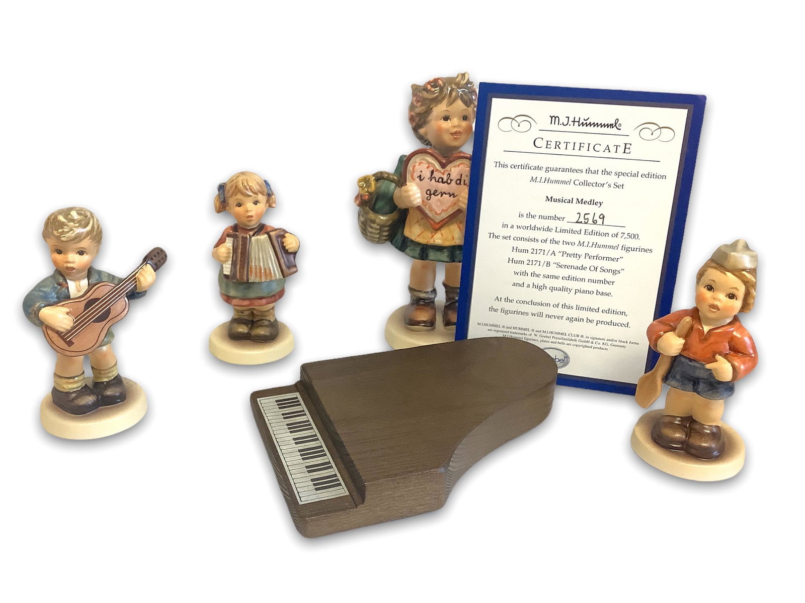Lot of (4) Hummel figurines & piano including pretty performer, first mate & serenade of songs.: Lot of (4) Hummel figurines & piano including pretty performer, first mate & serenade of songs.